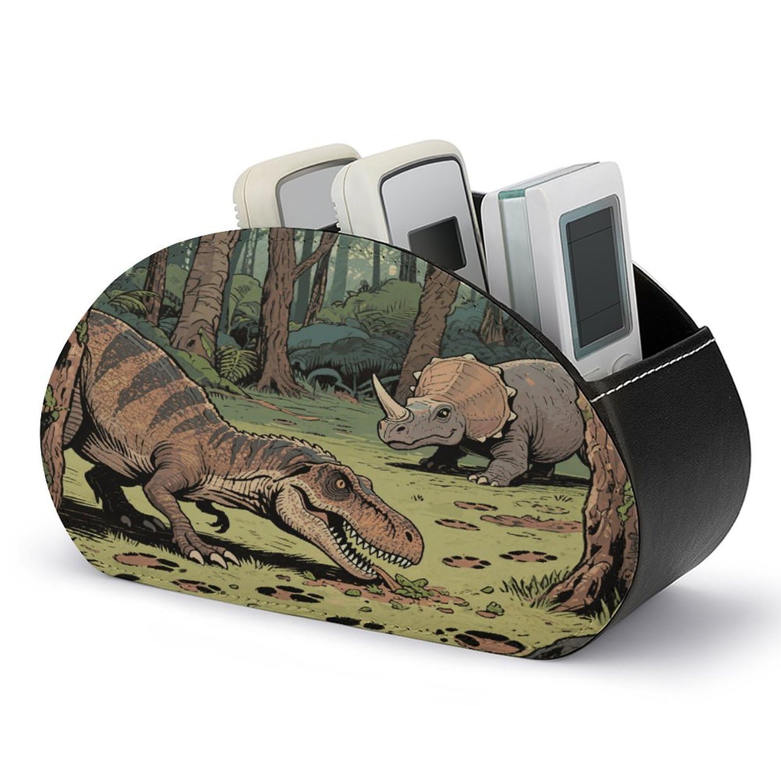 VstaDank Dinosaur Jungle Remote Control Holder with 5 Compartments PU Leather Remote Caddy Desktop Organizer Store TV Remote Control Storage Box for Home Office Desk Nightstand