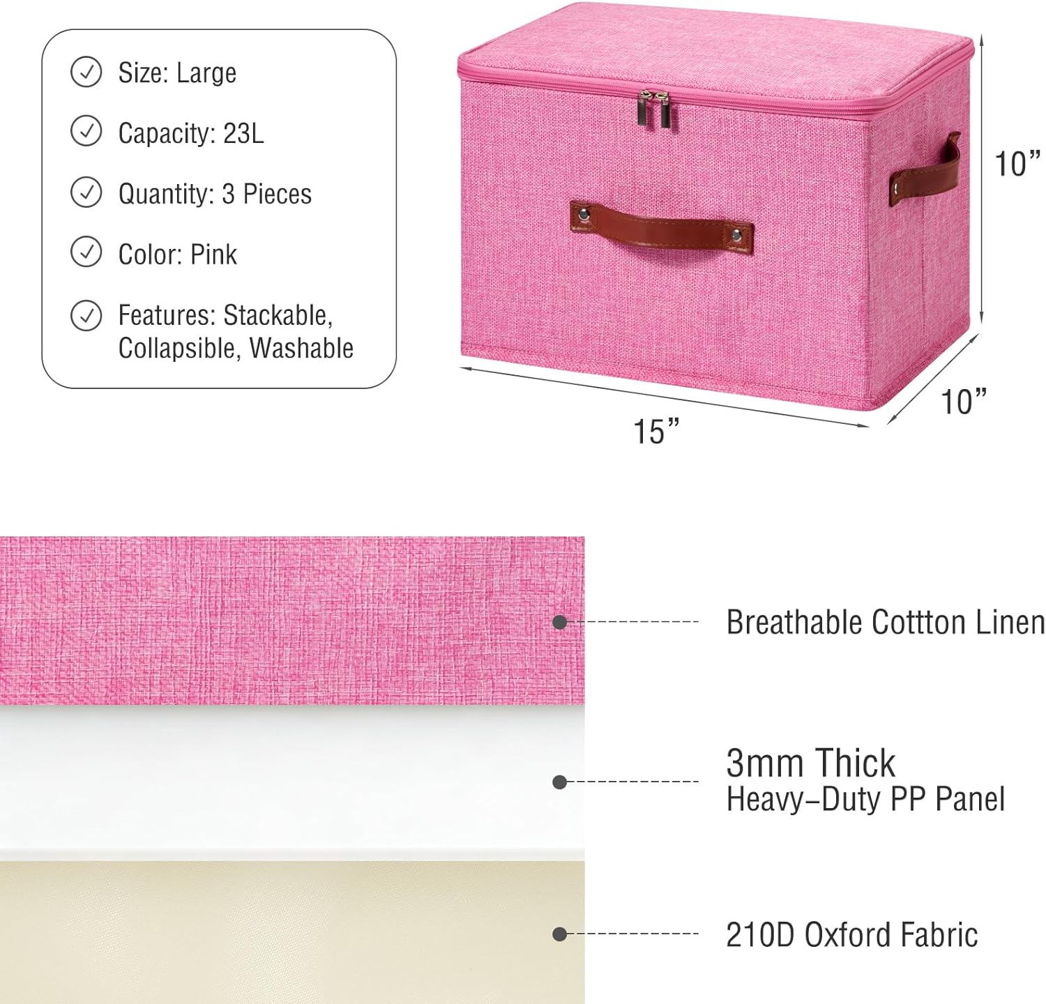 3PCS Storage Bins Boxes with Zippered Lids Cotton Linen Fabric Decorative Basket PU Leather Handles PP Plastic Board Foldable Lidded Clothing Shelf Closet Organizer Container (Pink, Large)