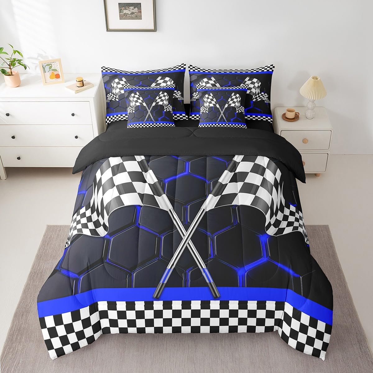 Erosebridal Racing Car Full 7 Pcs Bedding Set for Boys,Royal Blue Honeycomb Comforter Set,Geometric Neon Lights Hexagonal Sheet Set,Black and White 3D Race Car Flag Quilt Comforter Room Decor