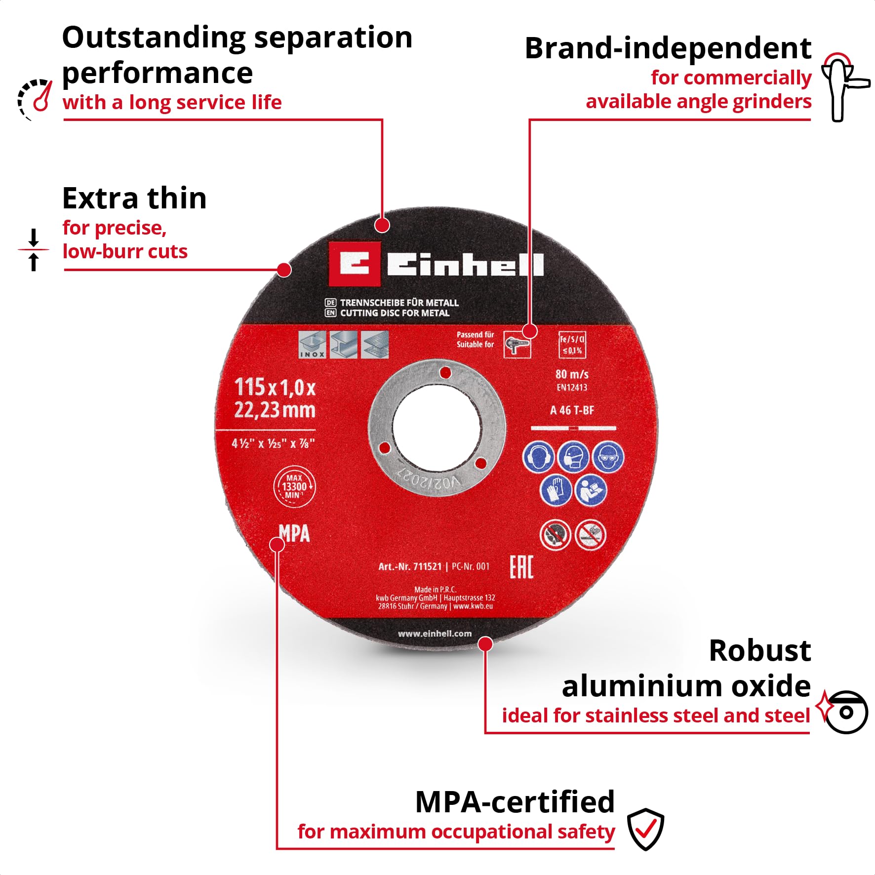 Einhell oryginalny zestaw 5 szt. cienkich tarcz do cięcia metalu, Ø 115 mm (grubość 1 mm, certyfikat MPA, długa żywotność, precyzyjne cięcie, niskie grzywki, do szlifierek kątowych)