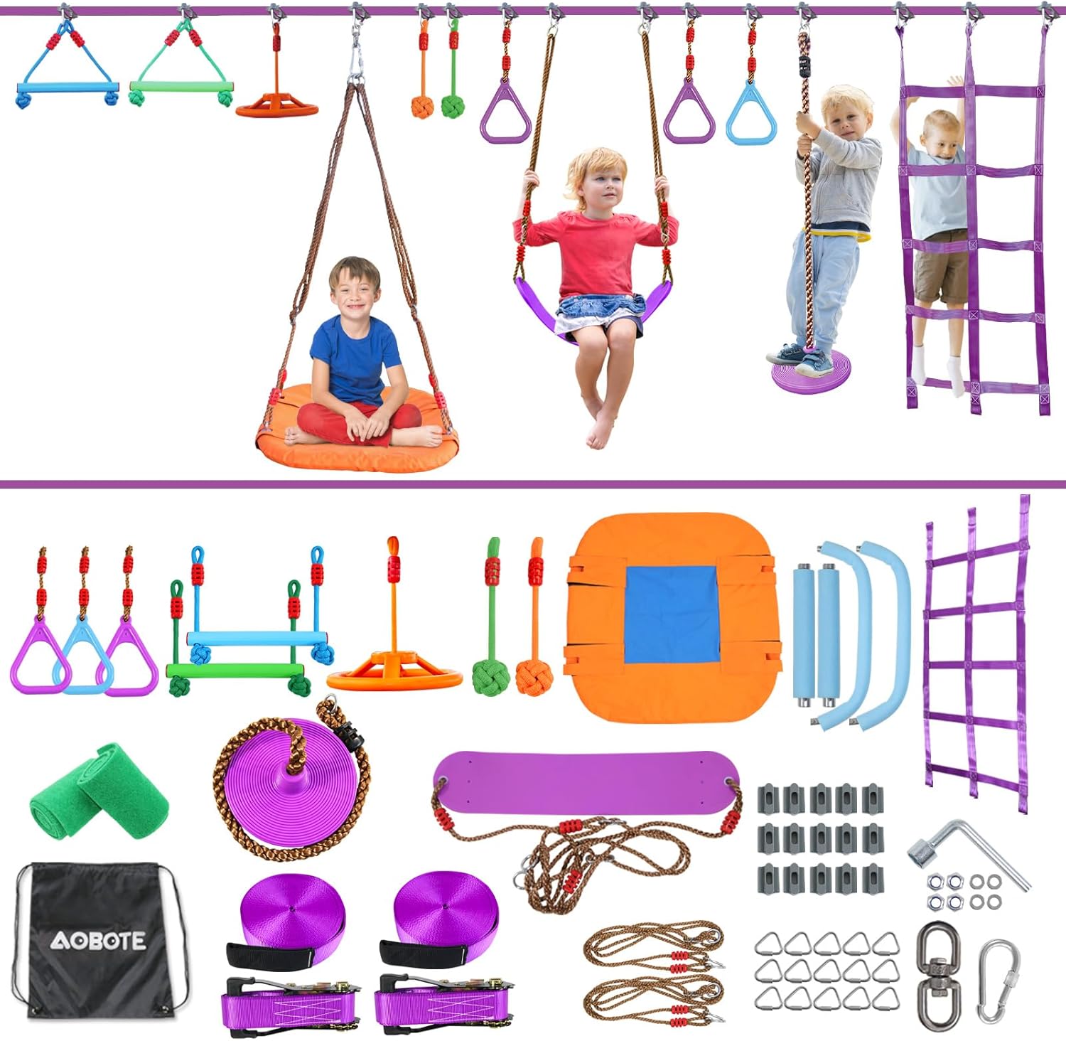 Ninja Warrior Obstacle Course for Kids,2x56ft Slackline with 12 Accessories,Saucer Swing with 360 Degree Rotating Wheel,Ninja Course for Kids Outside(AB010001-3) Purple 2X56ft with 12 Accessries