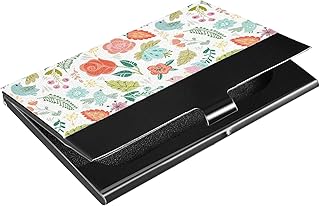 Beautiful Floral Seamless Bird and Flowers on White Business Card Holder Leather, Slim Credit Card Case Stainless Steel Wallet for Women and Men Unisex Business Card Holder