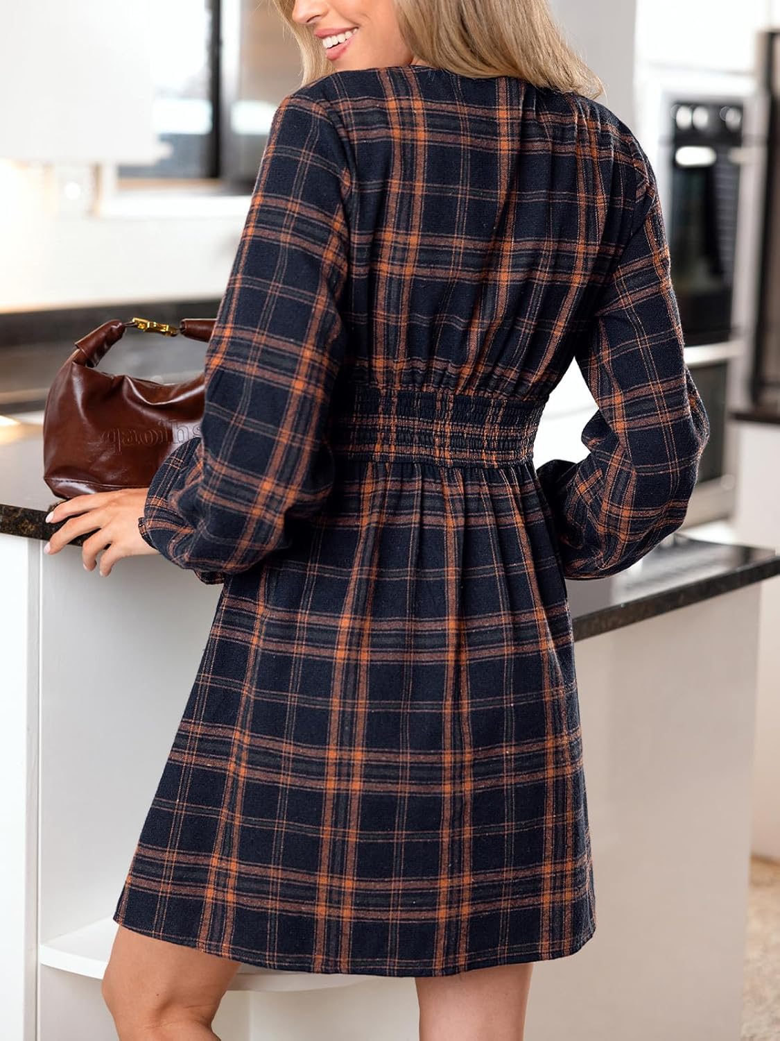 CUPSHE Women's Fall Casual Dress Long Sleeve V Neck A Line Button Mini Dresses - Image 4