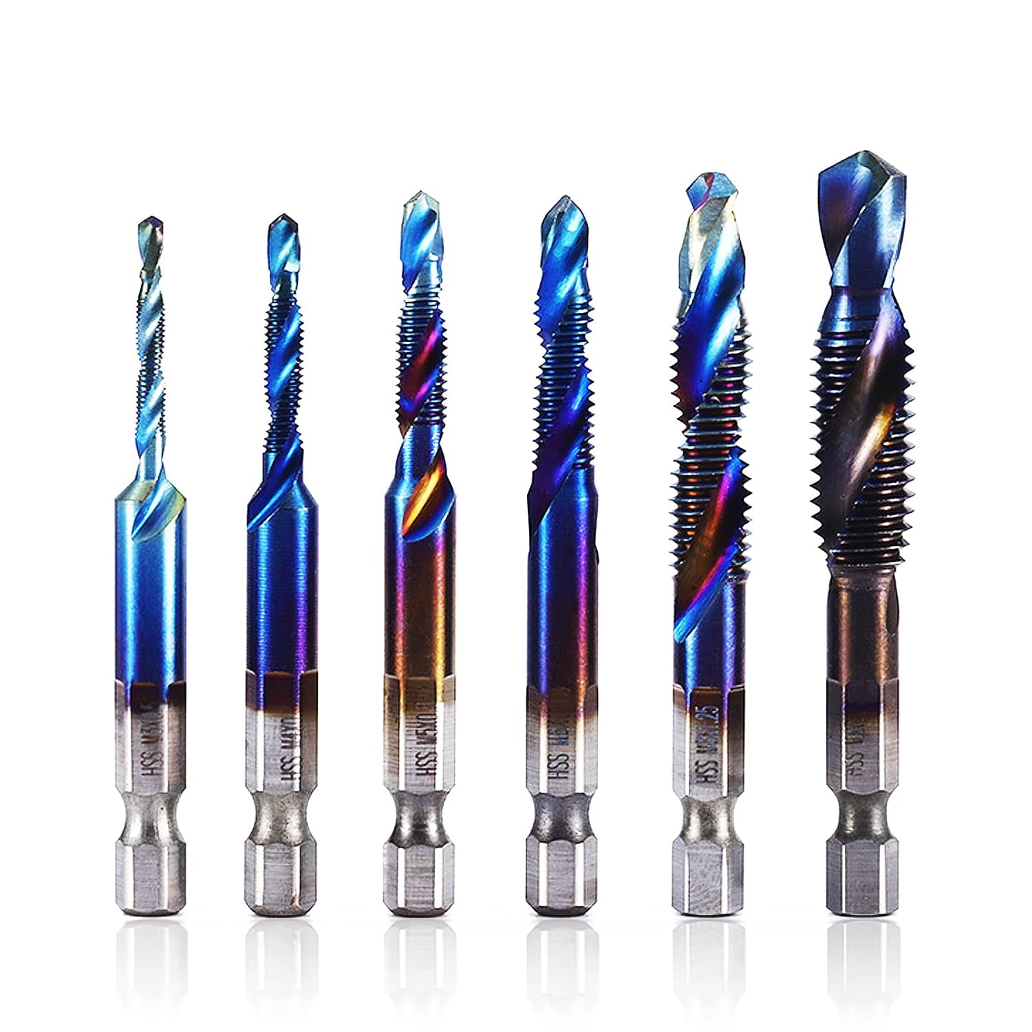 Metric Tap and Drill Bit Set 6 PCS Metric Drill Bits Combination HSS Blue Coating Twist Drill Tap Combination Bit Set with 1/4” Hex Shank Spiral Flute, M3 M4 M5 M6 M8 M10