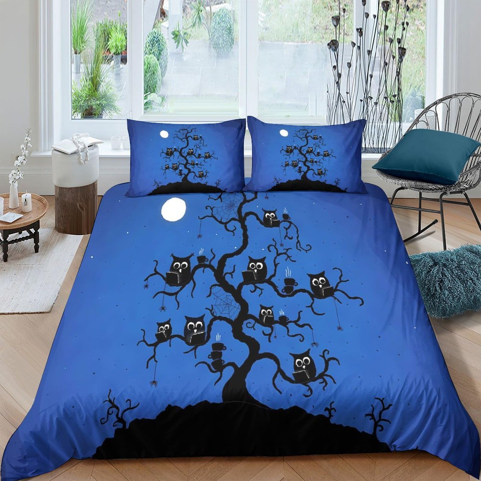 Housse de couette hibou 3D parure de lit microfibre 200x200 cm avec 2 taies d'oreiller au clair de lune