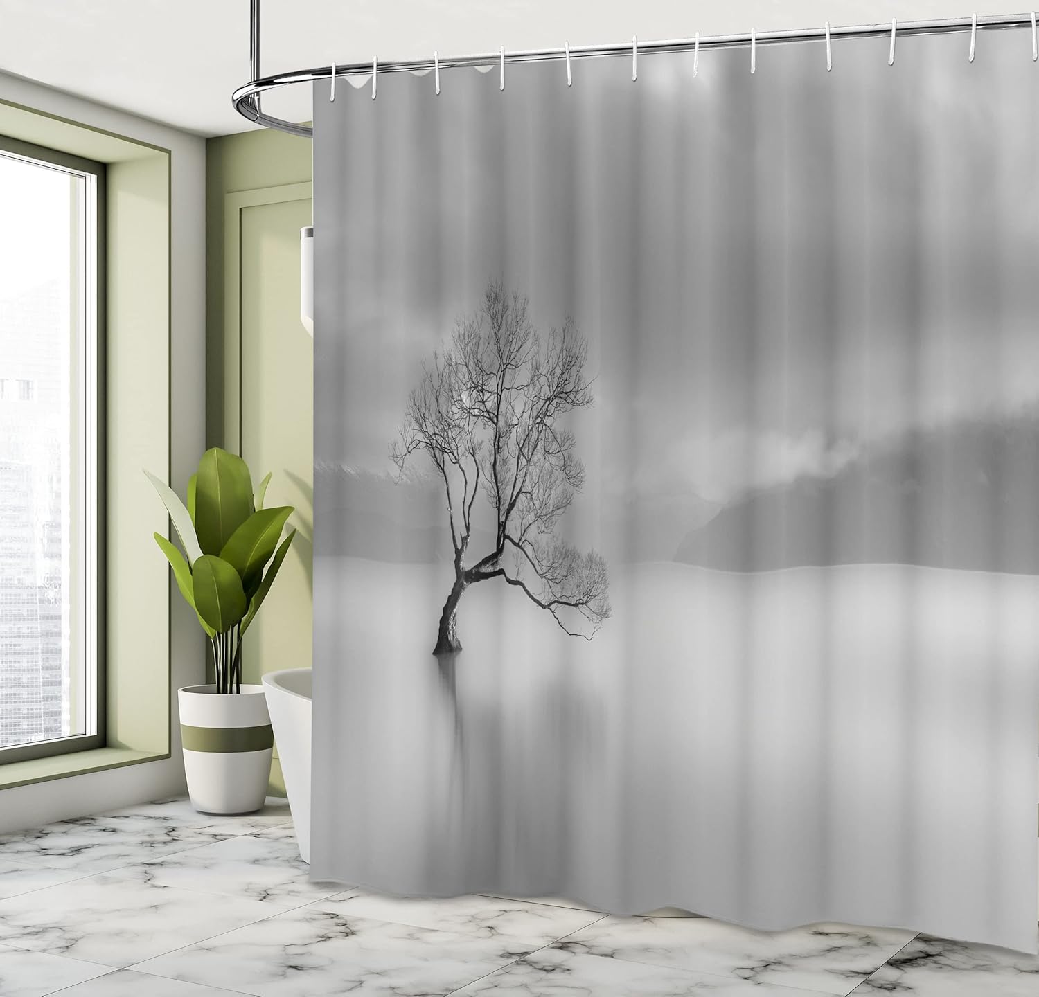 Ambesonne Tree Shower Curtain, Leafless Tree Alone in The Steamy Lake Idyllic Spot Purity and Grace Concept, Cloth Fabric Bathroom Decor Set with Hooks, 69" W x 70" L, Black and White
