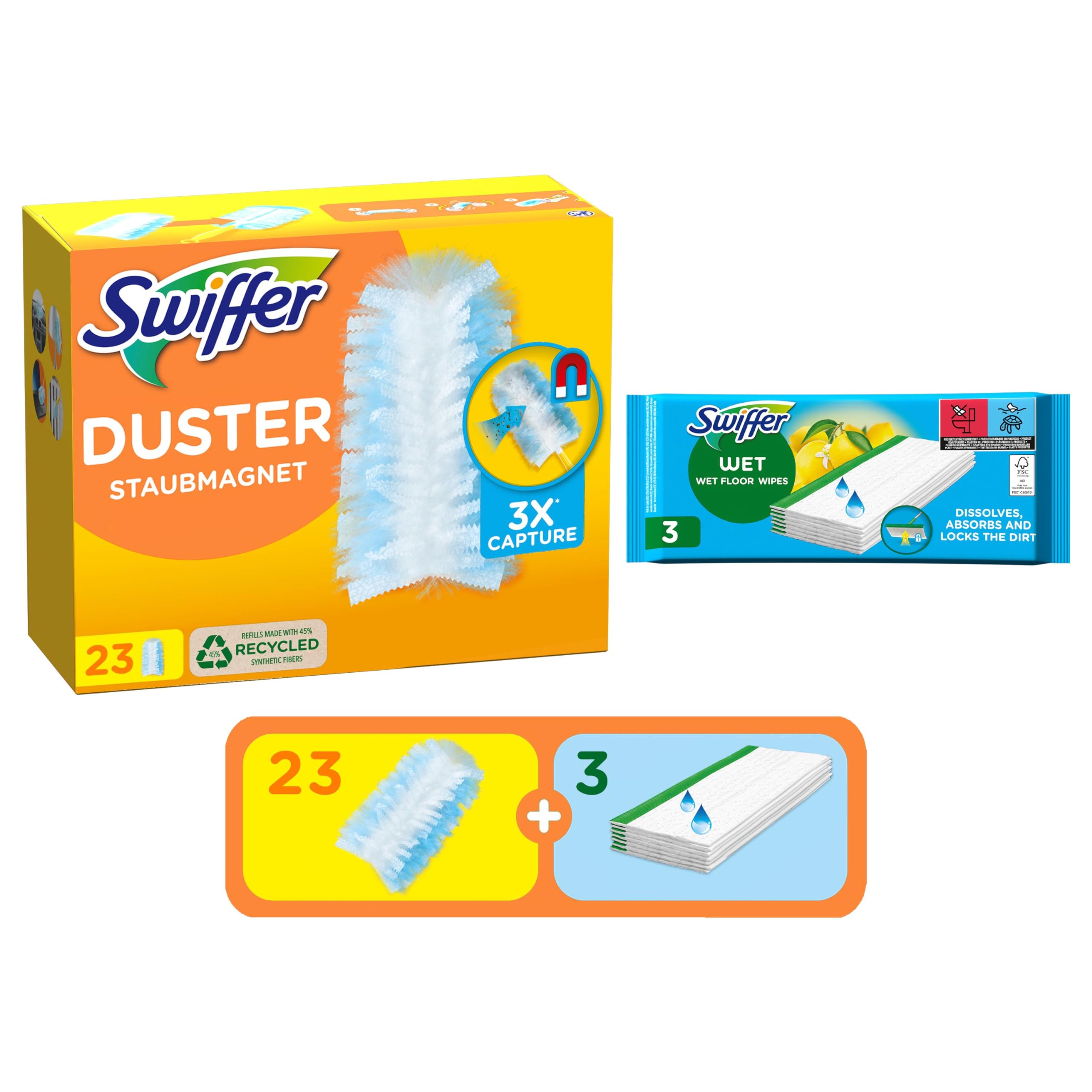 Swiffer Duster Piumini Catturapolvere, 23 Piumini + 3 Panni Lavapavimenti Wet, Cattura e Intrappola Polvere e Sporco, Raggiunge I Punti più Difficili della Casa, Maxi Formato, Scorta per 36 Mesi