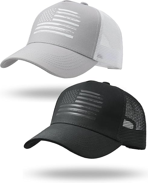 2 Packs American Flag Trucker Hat, Adjustable Mesh Snapback USA Flag Baseball Caps for Men Women
