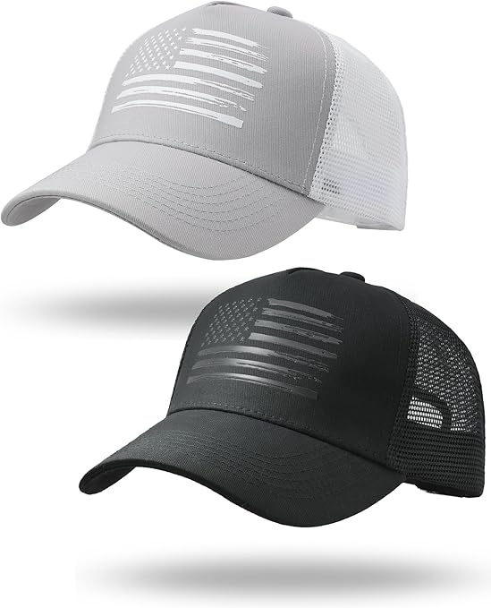 2 Packs American Flag Trucker Hat, Adjustable Mesh Snapback USA Flag Baseball Caps for Men Women