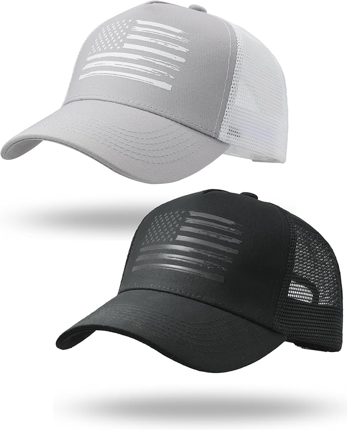 2 Packs American Flag Trucker Hat, Adjustable Mesh Snapback USA Flag Baseball Caps for Men Women