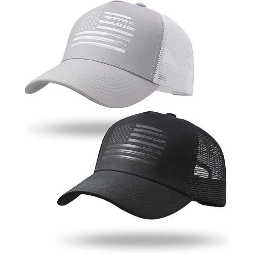 2 Packs American Flag Trucker Hat, Adjustable Mesh Snapback USA Flag Baseball Caps for Men Women