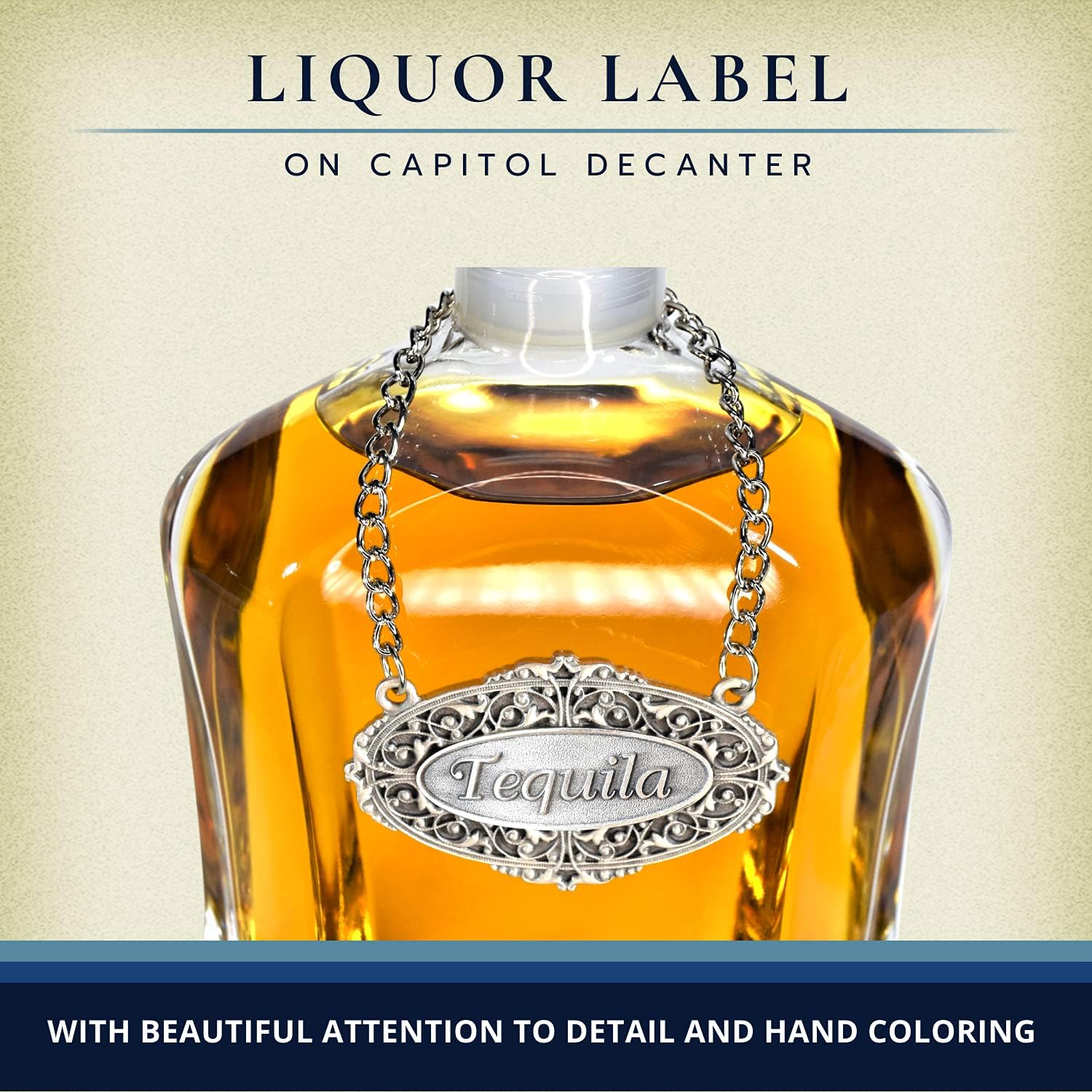 Heritage Pewter Tequila Liquor Decanter Label – Tequila Liquor Tag with Adjustable Chain | Perfect for Housewarming Gift, Parties, Holidays, & Anniversaries | Expertly Crafted Fine Pewter