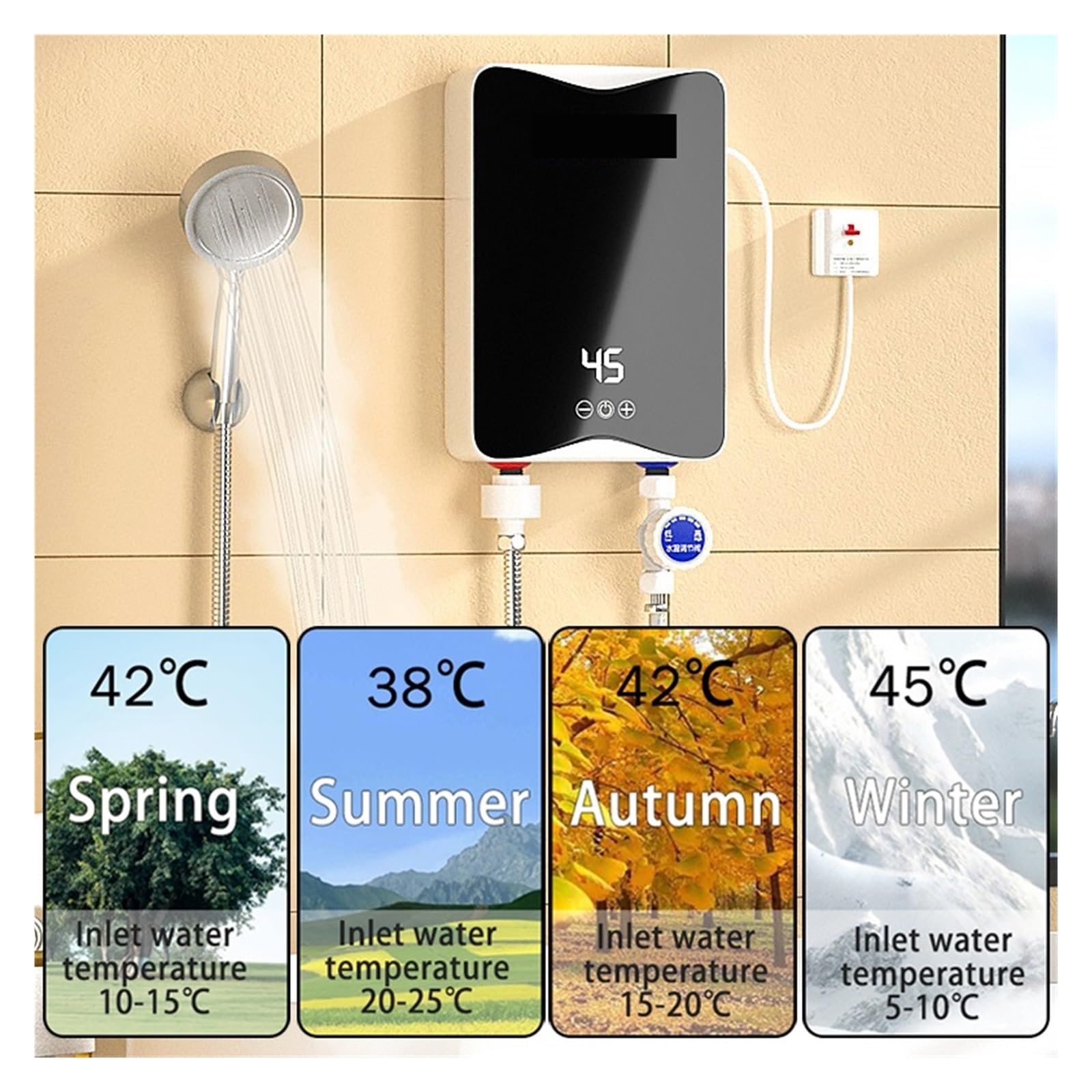 Scaldabagno Istantaneo Cucina Bagno Mini Elettrico Montato A Parete Display LCD Della Temperatura Con Set Doccia Veloce E Comodo