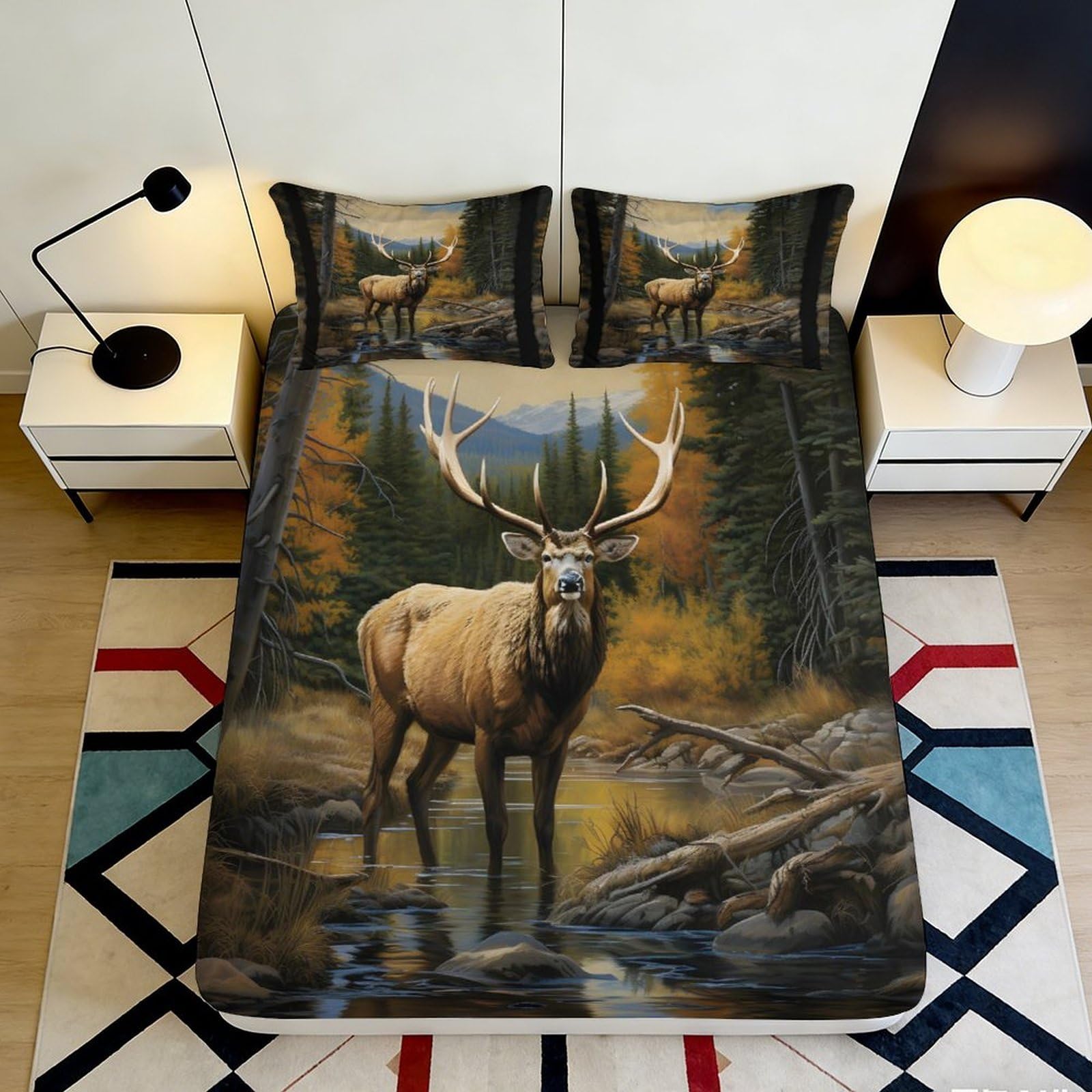3D Printed Forest Elk Fitted Sheet Microfiber Soft Breathable Autumn Landscape Bed Cover for Bedroom Guest Room Decor 90x200x25cm