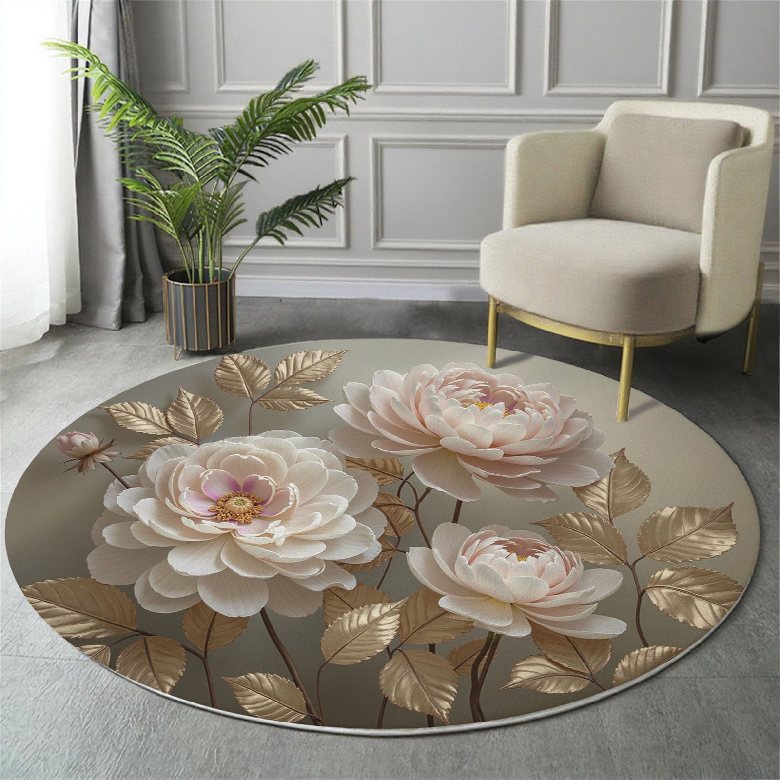 Tapis de Salon Rond à Poils Courts Ø 100 cm Tapis de Sol Décoration Luxe Métallique Floral Doux Descente de Lit Fleurs Roses Et Blanches Feuille Dorée Antidérapant pour Chambre, Rose Clair