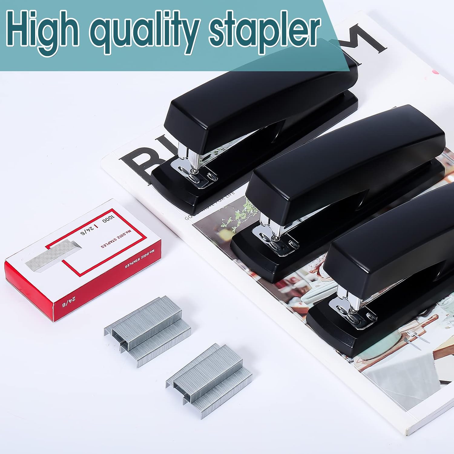 10 Pieces Classic Black Desk Staplers, 25 Sheet Capacity, 6000 Standard Staples, 2 Stapling Modes, Non-Slip Base