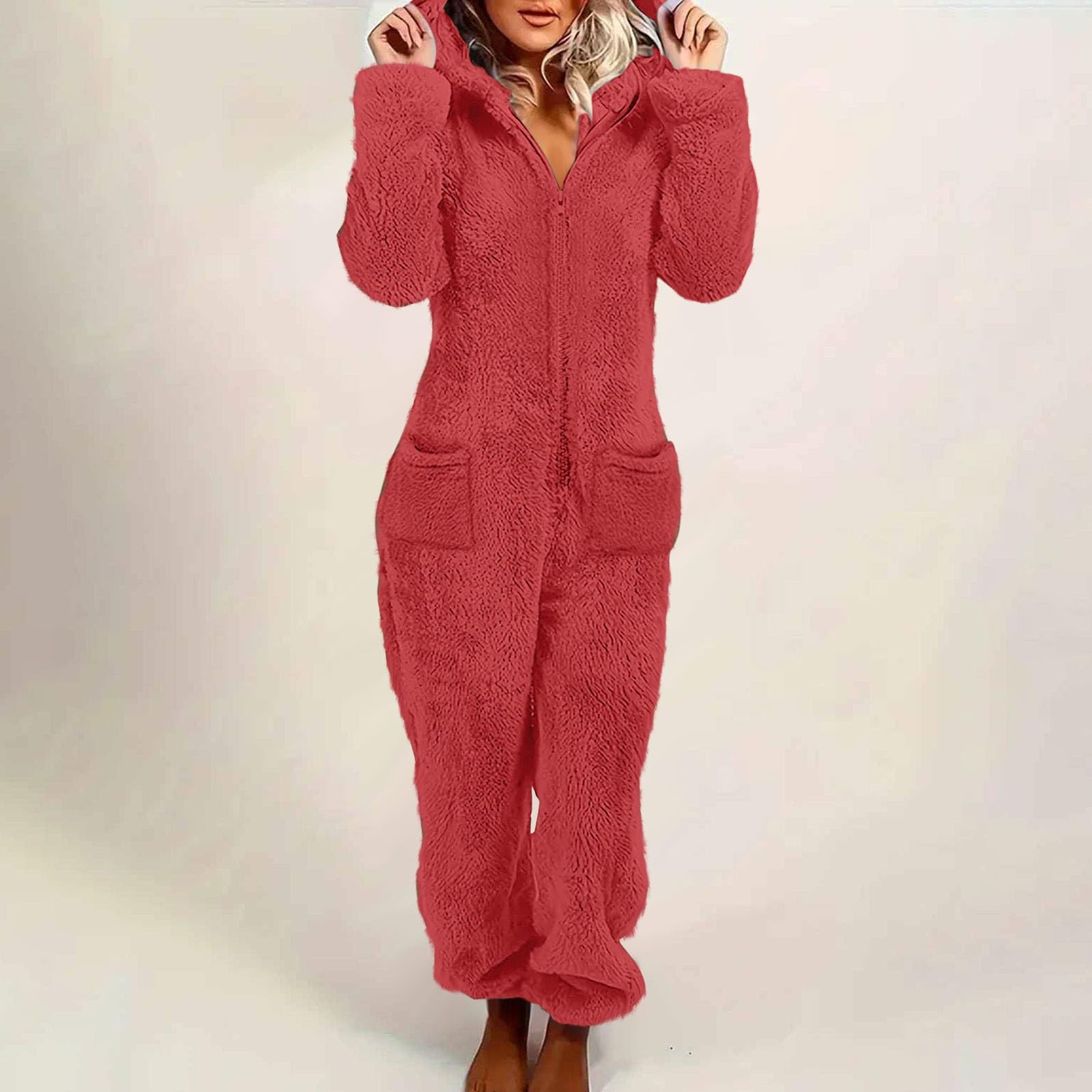 Mono esponjoso para mujer, pijama de forro polar con capucha y bolsillos
