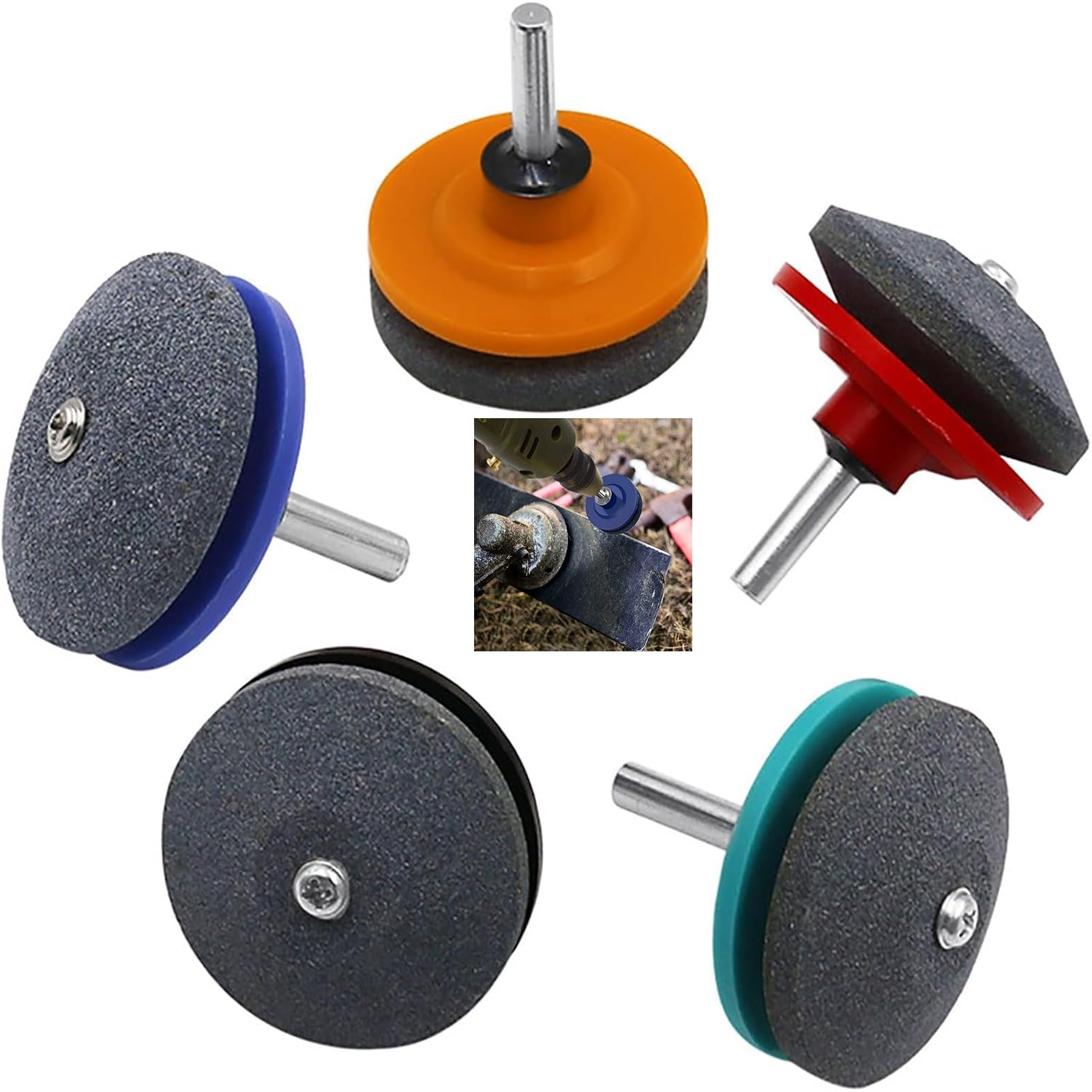 Lawn Mower Blade Sharpener, Blade Sharpening Drill Kit Knife Tool Kit for Garden Tool Power Drill, Durable Blade Sharpener Mower Blade Sharpener for Any Power Hand Drill (Multi-color 5 Pcs)