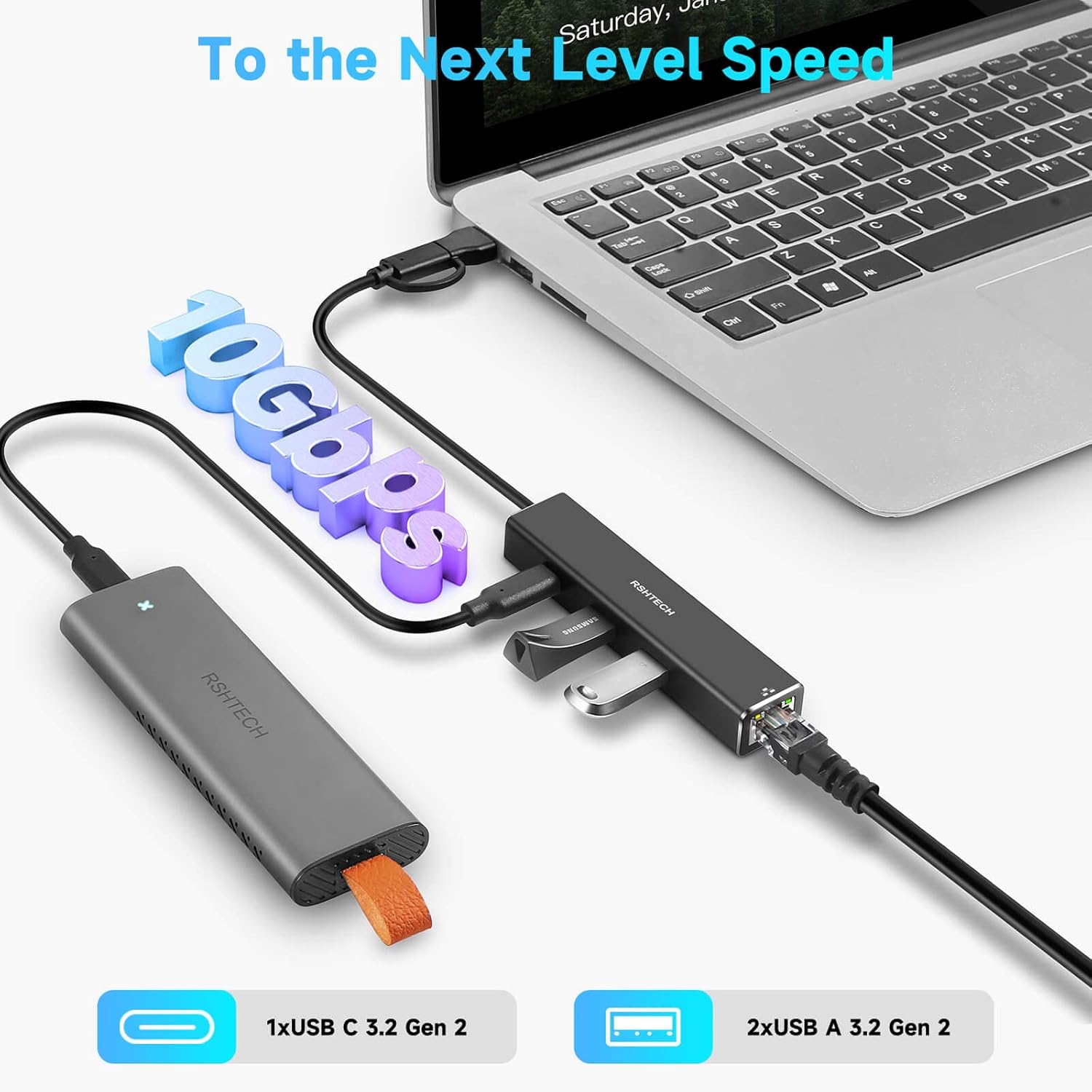 USB to Ethernet Adapter, RSHTECH USB 3.2 Gen 2 Hub with RJ45 Gigabit Ethernet, 10Gbps USB-C and 2 USB-A Data Ports, Aluminum USB Type C to LAN Network Adapter Splitter for Laptop and PC, RSH-ST310