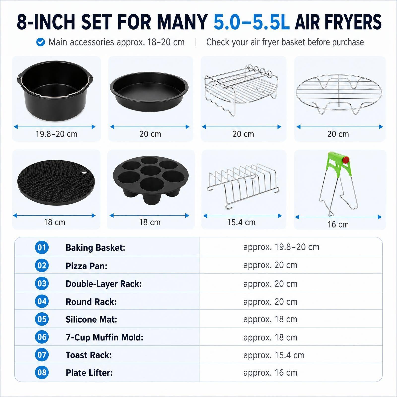 Airfryer Akcesoria 12 sztuk do frytkownicy na gorące powietrze 5,0-5,5 l, zestaw akcesoriów 20 cm z koszem do pieczenia, patelnią do pizzy, grillem ze stali nierdzewnej, uchwyt na