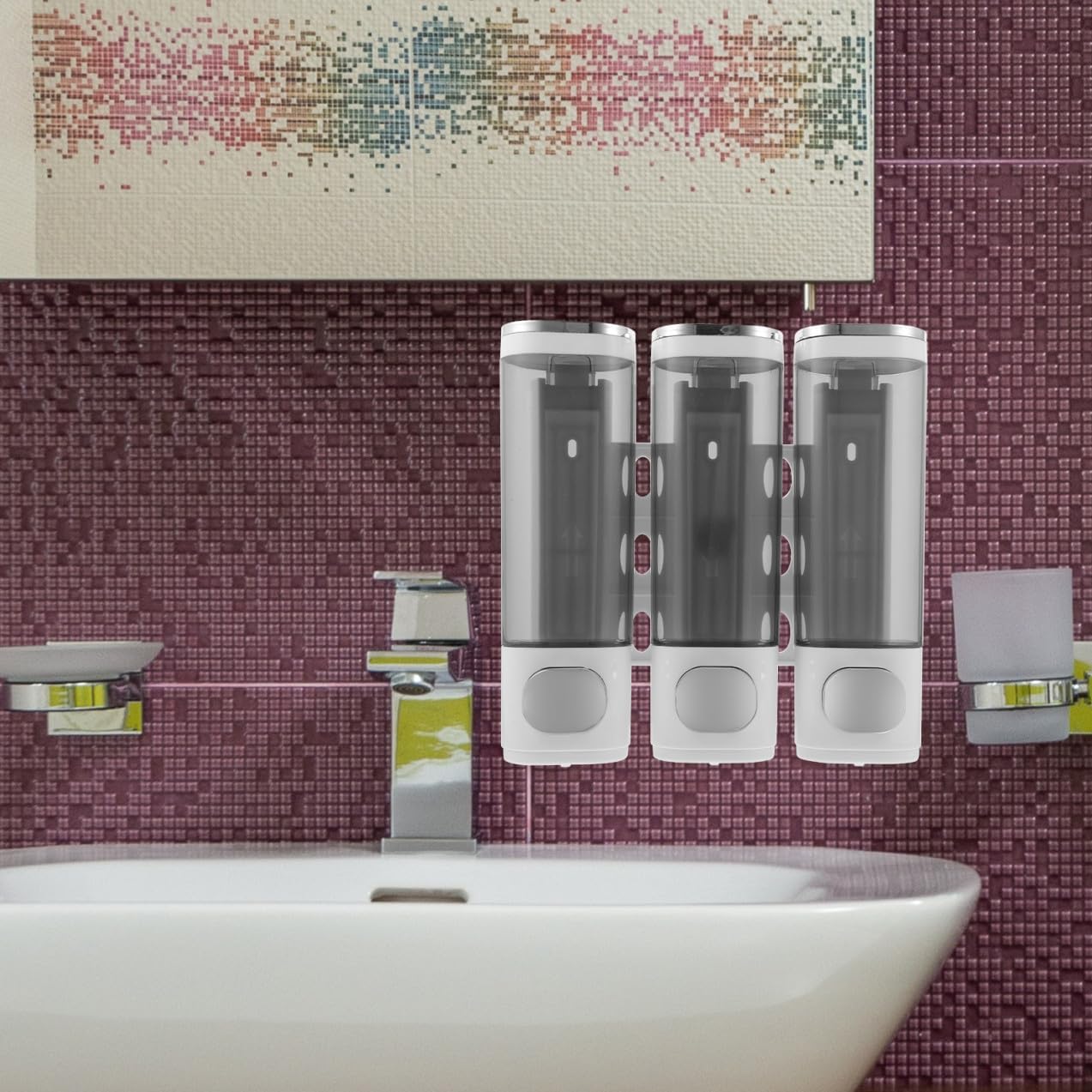 Wall-Mounted 3-Chamber Soap Dispenser for Shower, Manual Bathroom Shampoo Conditioner Pump, Electroplated White Finish, Space-Saving Wall Mount for Home Bath Use