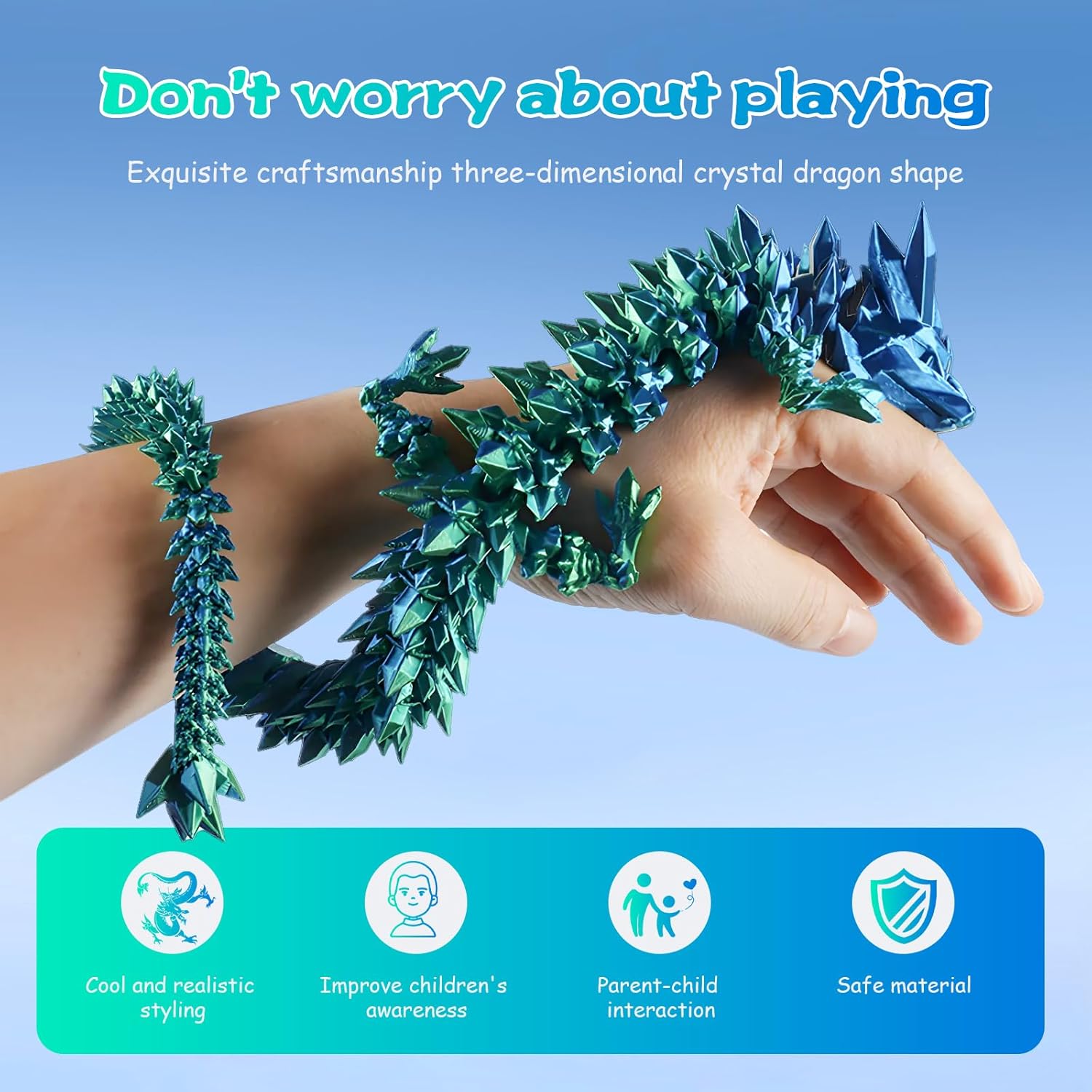 3D Printed Dragon Toys, 3D Printed Fidget Toys, Dragon Fidget Toy, Articulated Dragon, Home Office Decor Executive Desk Toys (Red-Blue)
