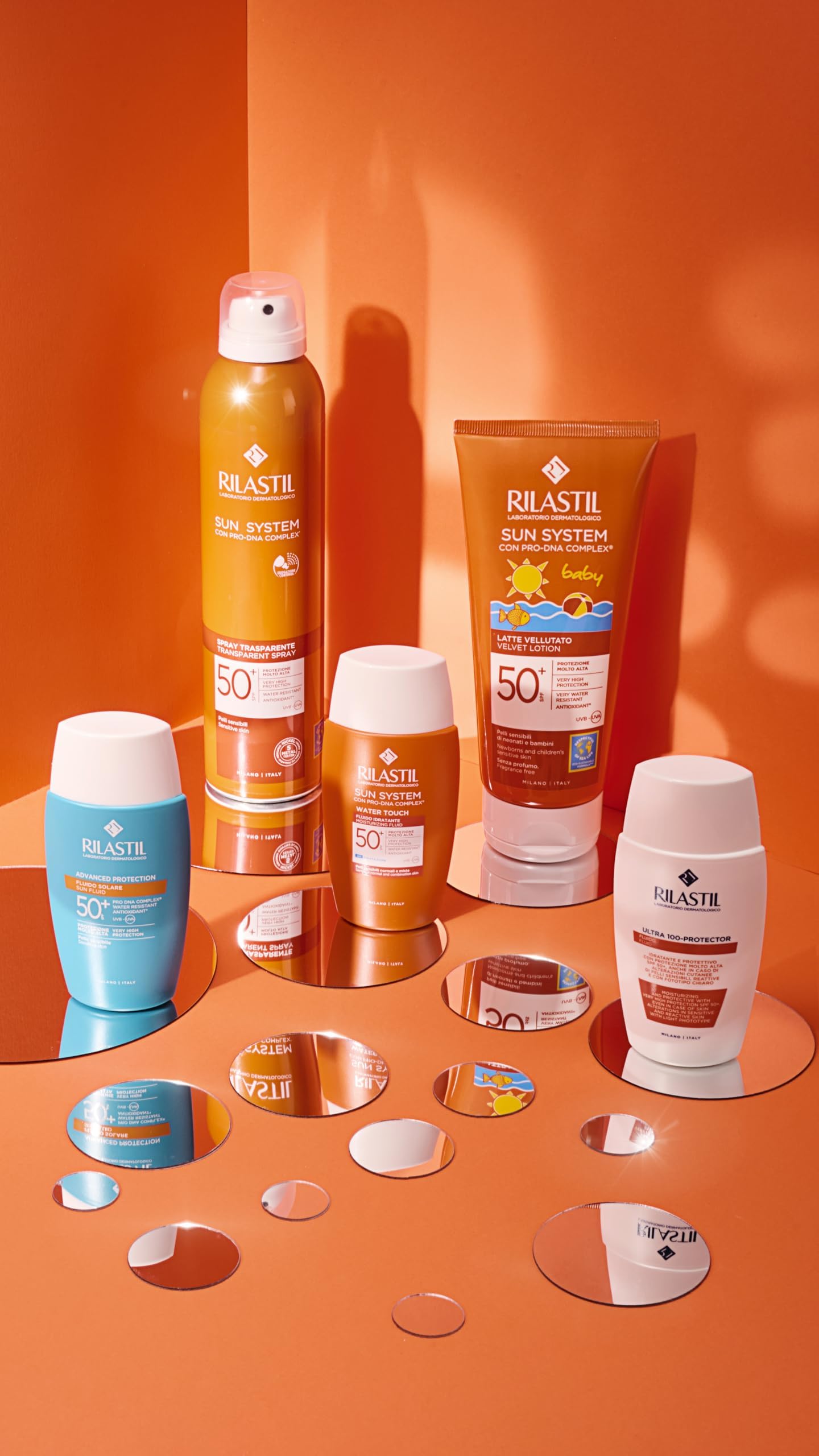 Rilastil Kit, Fluido Ultraleggero Viso 100 SPF50+ + FluidoSolareViso 50+ + Protezione Solare Bambino SPF50+ + Spray CorpoSPF50+ + Fluido Solare Viso Pro DNA Complex