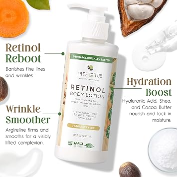 Tree To Tub Retinol Body Lotion for Crepey Skin, Fragrance-Free, 8.5 Fl Oz