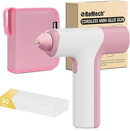 ROMECH Pistola de pegamento caliente inalámbrica, pistola de pegamento para manualidades de dispensación automática con 30 barras de pegamento, kit