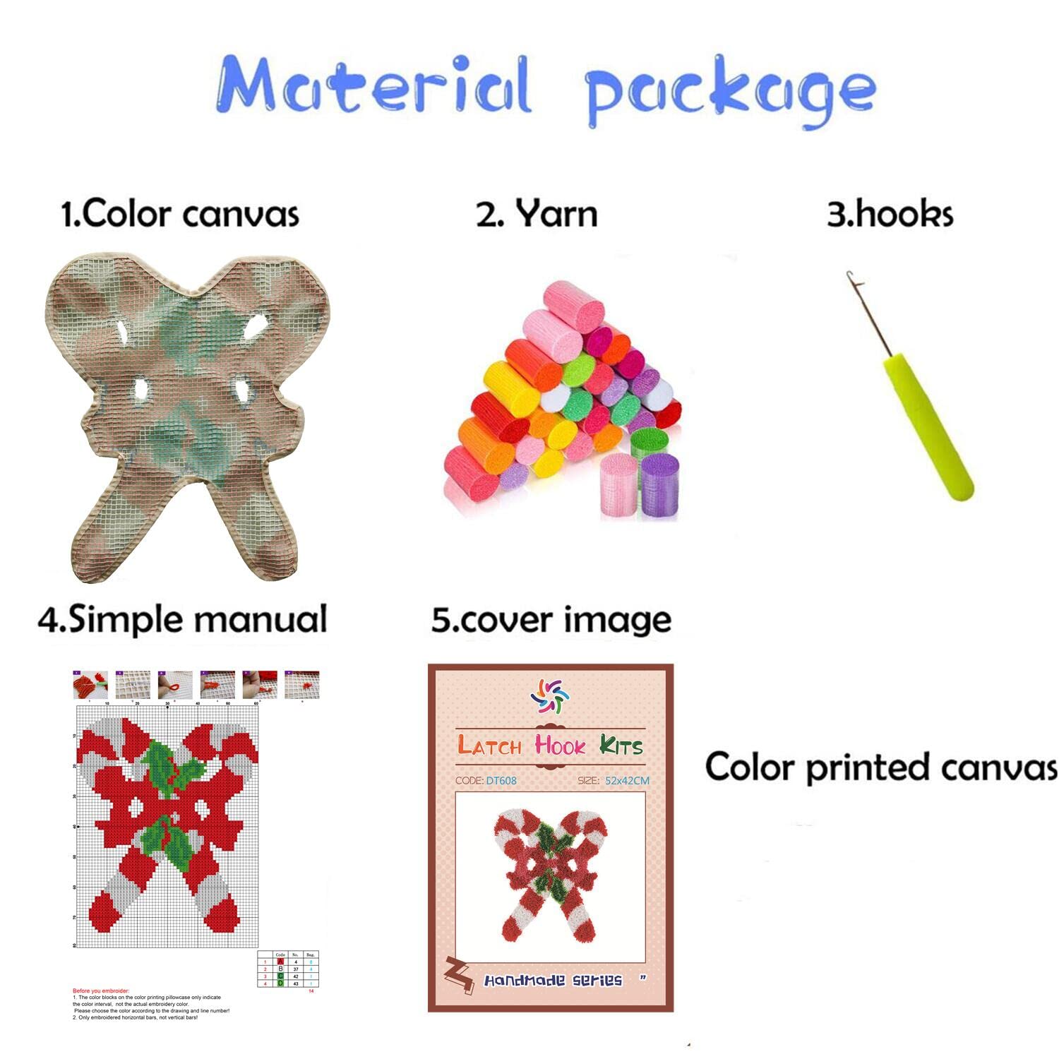 Merry Christmas Candy Canes Special Shape Latch Hook Kits Pre-Printed Rug Crochet Yarn Embroidery Needlework Hook Latch Kit Carpet Cushion Cover Home Sofa Christmas Decoration 52x42cm