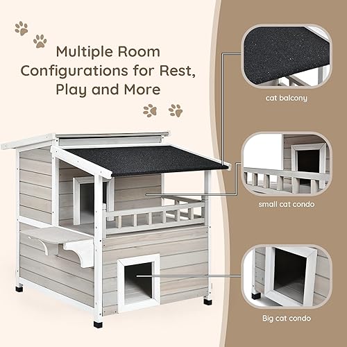 Miniatura 9 de PETSITE Casa de madera para gatos al aire libre, resistente a la intemperie, refugio para gatos salvajes con techo abierto