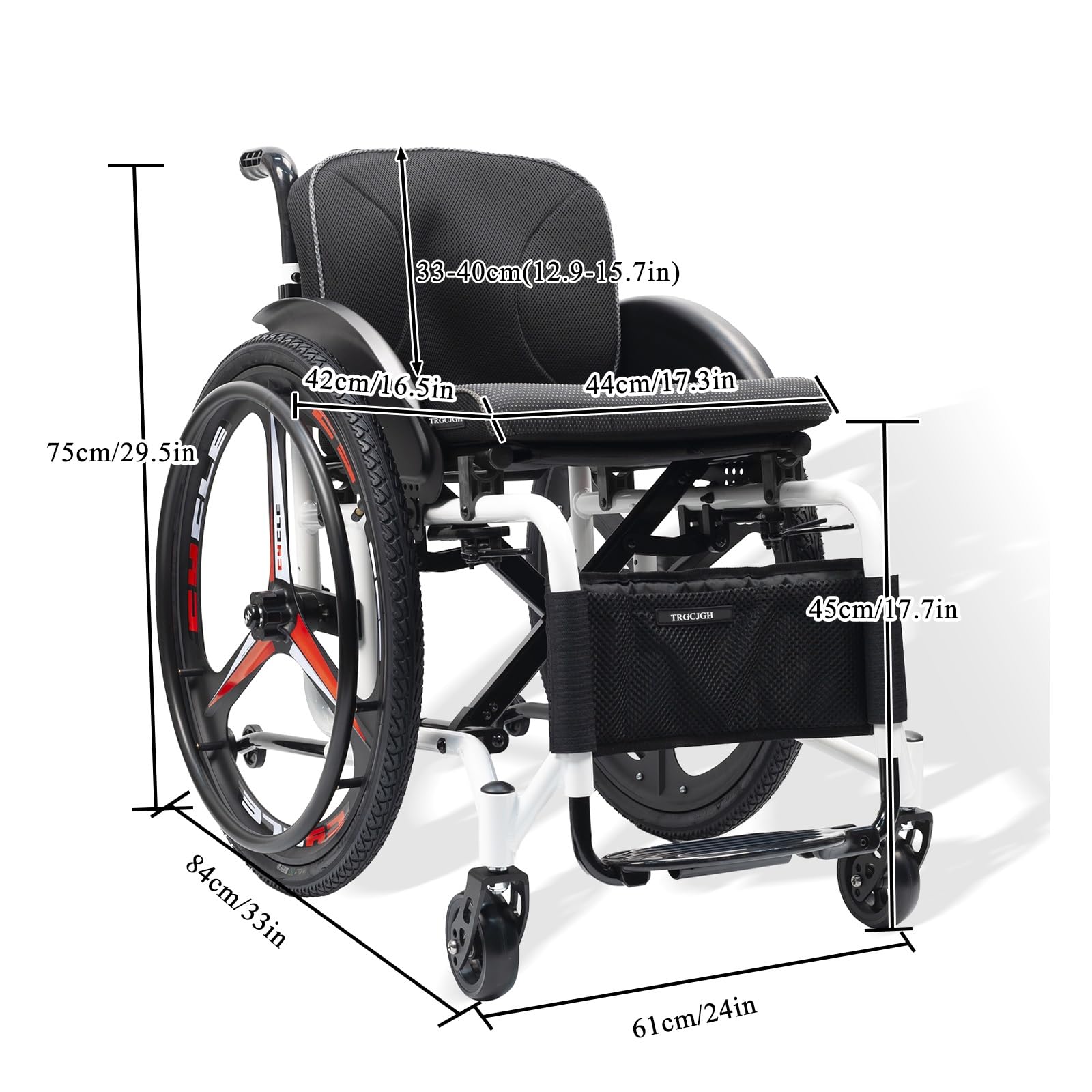 Sedia a Rotelle Pieghevole Leggera (Sedia Stretta), Carrozzina | Autospinta, Freno manuale, Poggiapiedi pieghevoli, da Transito，Alluminio, 14.5kg(Black,17.3in Seat Width)