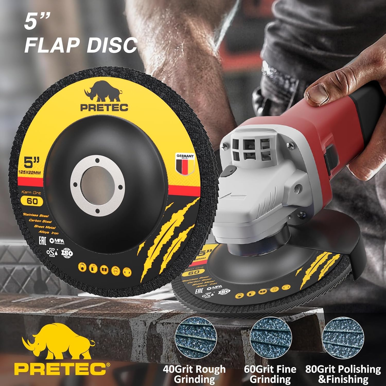 Juego de ruedas de corte de 5 pulgadas – PRETEC de 5 pulgadas, 20 ruedas de corte, 3 ruedas de molienda y 3 discos de solapa para amoladora angular de corte y molienda de 5 x 1/24 x 7/8 pulgadas, 20 +
