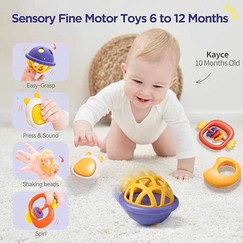 Miniatura 5 de Sonajeros para bebés, juguetes de dentición para bebés de 0 a 6 a 12 meses, para desarrollo sensorial, divertido y vibrante, juego de sonajeros