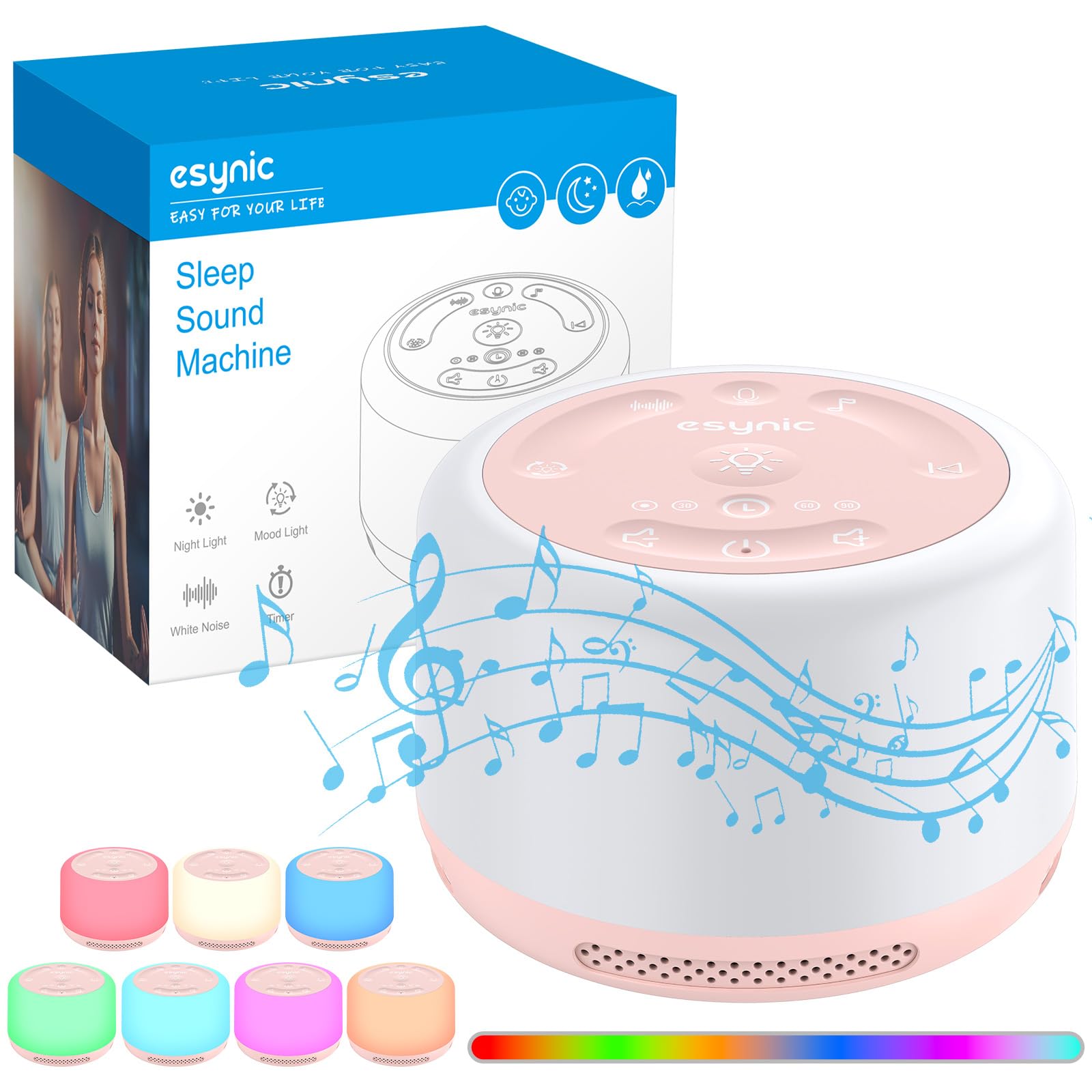 eSynic White Noise Machine Baby Weißes Rauschen Einschlafhilfe LED Nachtlicht Tragbare mit 30 Klänge & 7 Farben Tonaufnahmen Timer Speicher für Baby Kinder Erwachsene Zuhause Büro (Pink)