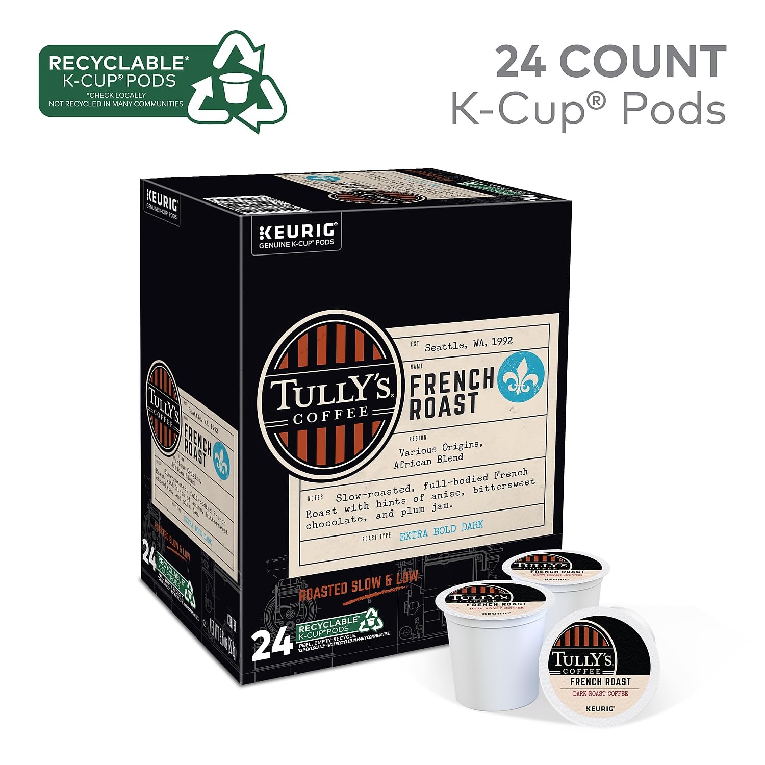 Tully's Coffee French Roast, Single-Serve Keurig K-Cup Pods, Dark Roast Coffee, 24 Count