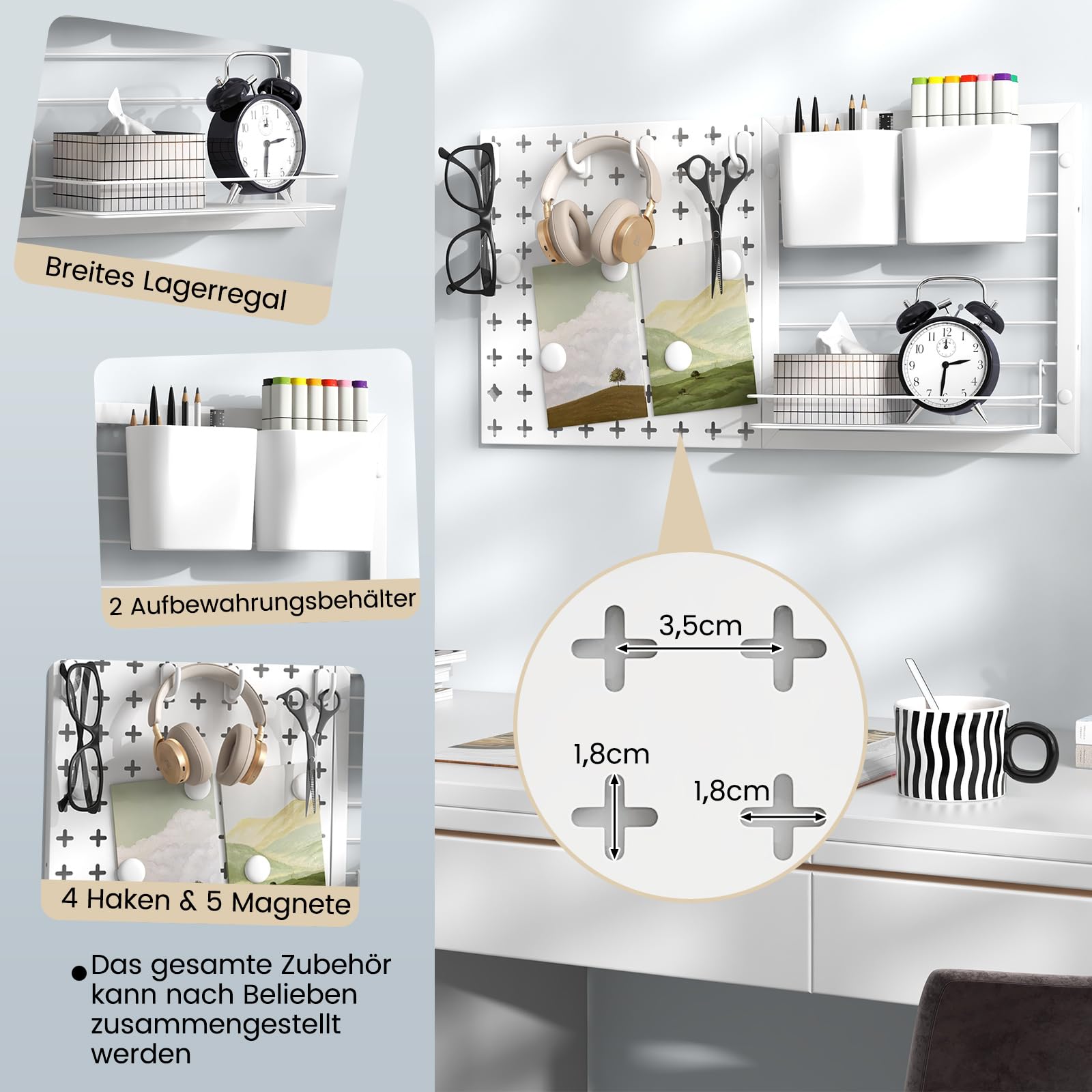 COSTWAY Ścianka narzędziowa, 61 x 30 cm z 2 pojemnikami do przechowywania, 1 regałem, 5 magnesami i 4 haczykami, tablica do montażu na ścianie, odporna na obciążenie do 30 kg, płyta perforowana do