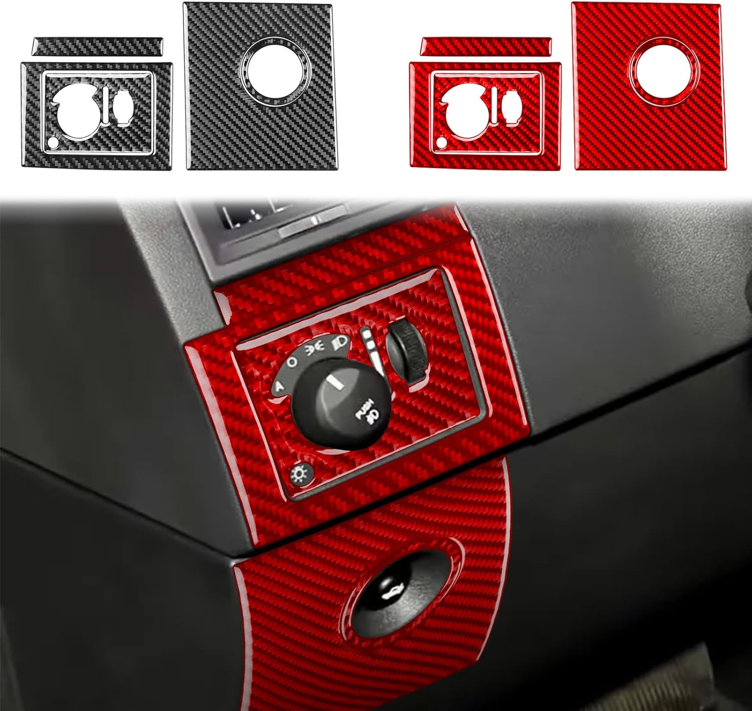 Car Headlight Switch+Rear Trunk Door Switch Panel Sticker Set Real Red Carbon Fiber Auto Interior Accessories Compatible with Dodge Charger SE/SXT/R/T&Daytona R/T&SRT-8 2008 2009 2010-Type B
