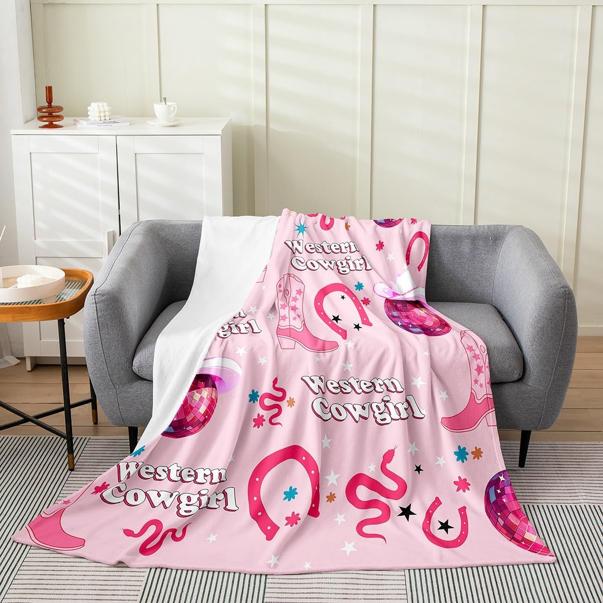 Western Cowgirl Flannel Blanket Queen 90"x90" Warm Lightweight,Southwest Farmhouse Pink Boots Hats Flannel Sherpa Blanket,Girly Horseshoe Tribal Animals Breathable Flannel Plush Blanket Room Decor
