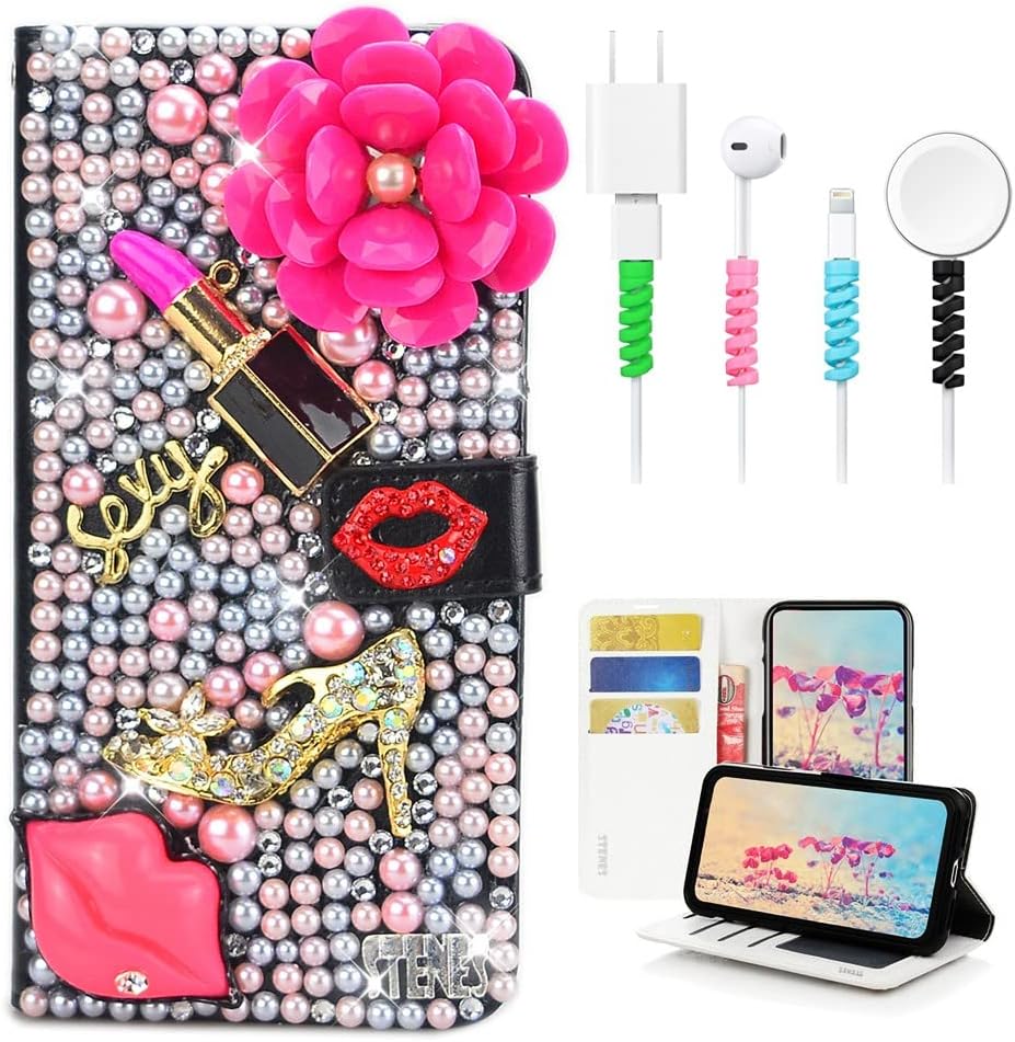 STENES Bling Wallet Case Compatible with iPhone 7 Plus/iPhone 8 Plus - Stylish - 3D Handmade Flowers Butterfly Design Leather Case with Wrist Strap & Cable Protector [4 Pack] - Red