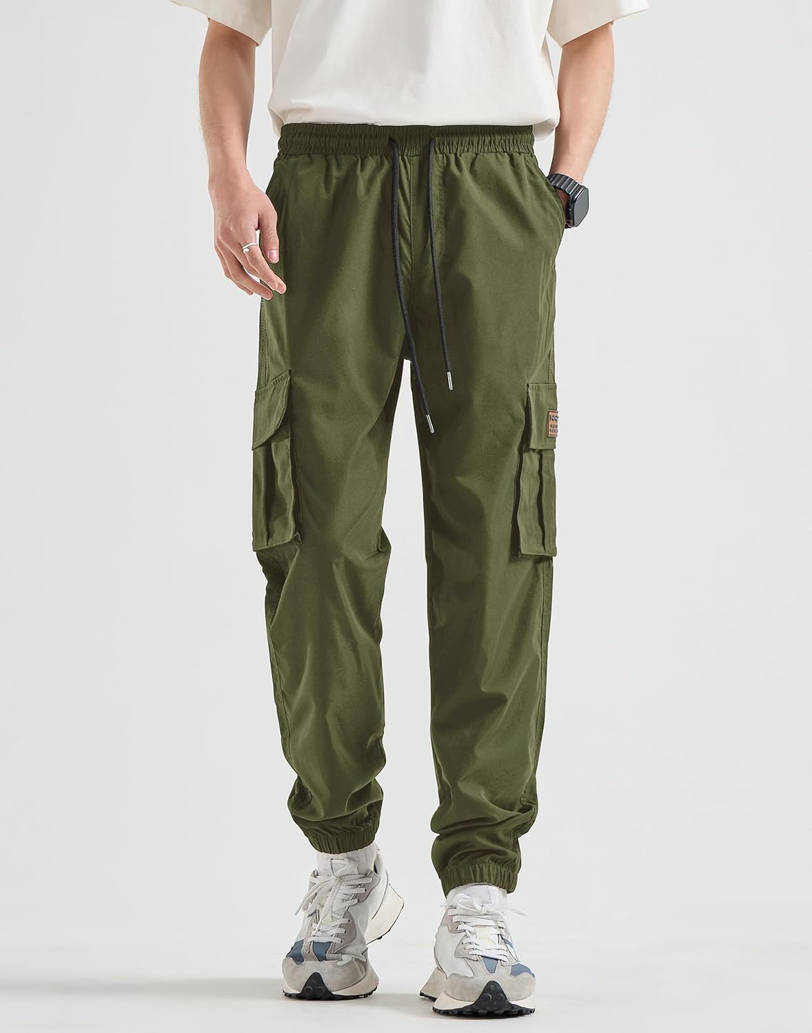 HHZ Men's Relaxed Fit Cargo Pants Drawstring Stretchy Elastic Waist Work Casual Pants with Zipper Pockets - Image 3