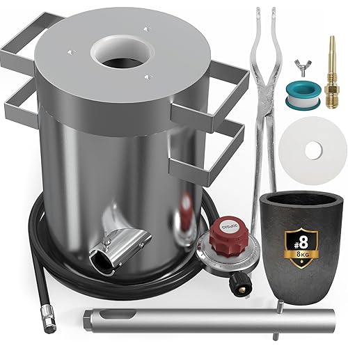 GEIMRSY 8KG Stainless Steel Barrel Propane Melting Furnace with Crucible Tongs, 8KG (17LB) Small and Capacity Graphite Crucible, Metal Materials high Temperature Melting Hand forging Tools