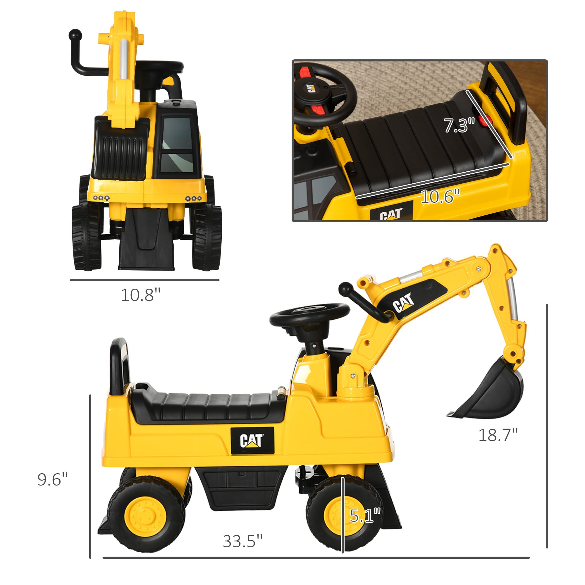 Juguete de excavadora con licencia CAT para niños, pedal manual con pala manual, bocina, almacenamiento oculto para niños y niñas de 18 a 36 meses, color amarillo 7