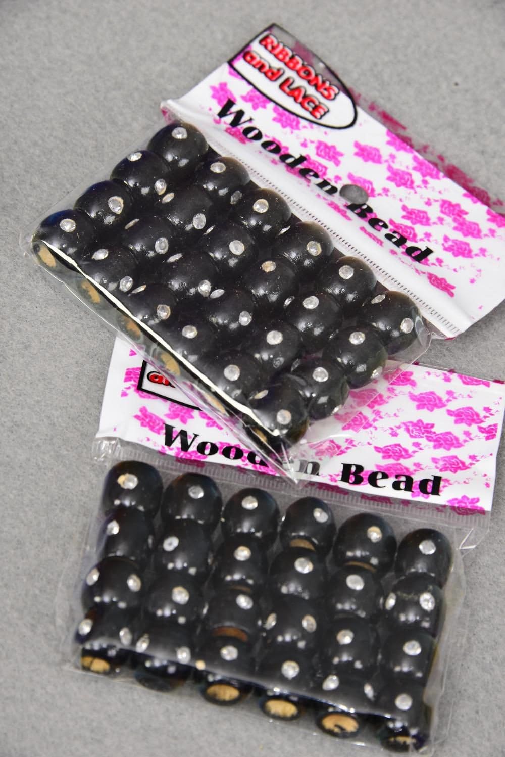 Wooden Hair Beads Small 12mm Wide W Clear Stones (Black) 1 pack