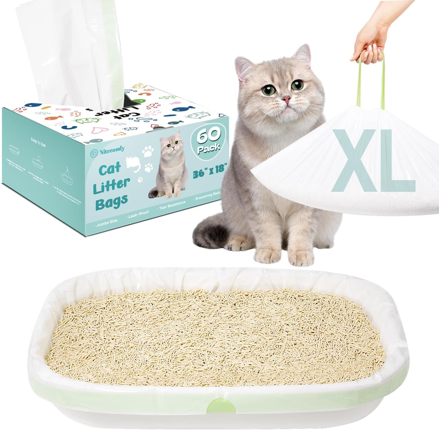 60 Count Litter Box Liners, 36" x 18" Jumbo Size Cat Litter Bags, Thick Large Kitty Litter Liner XL, Easy Clean Up Litter Pan Liners, Pet Cat Supplies