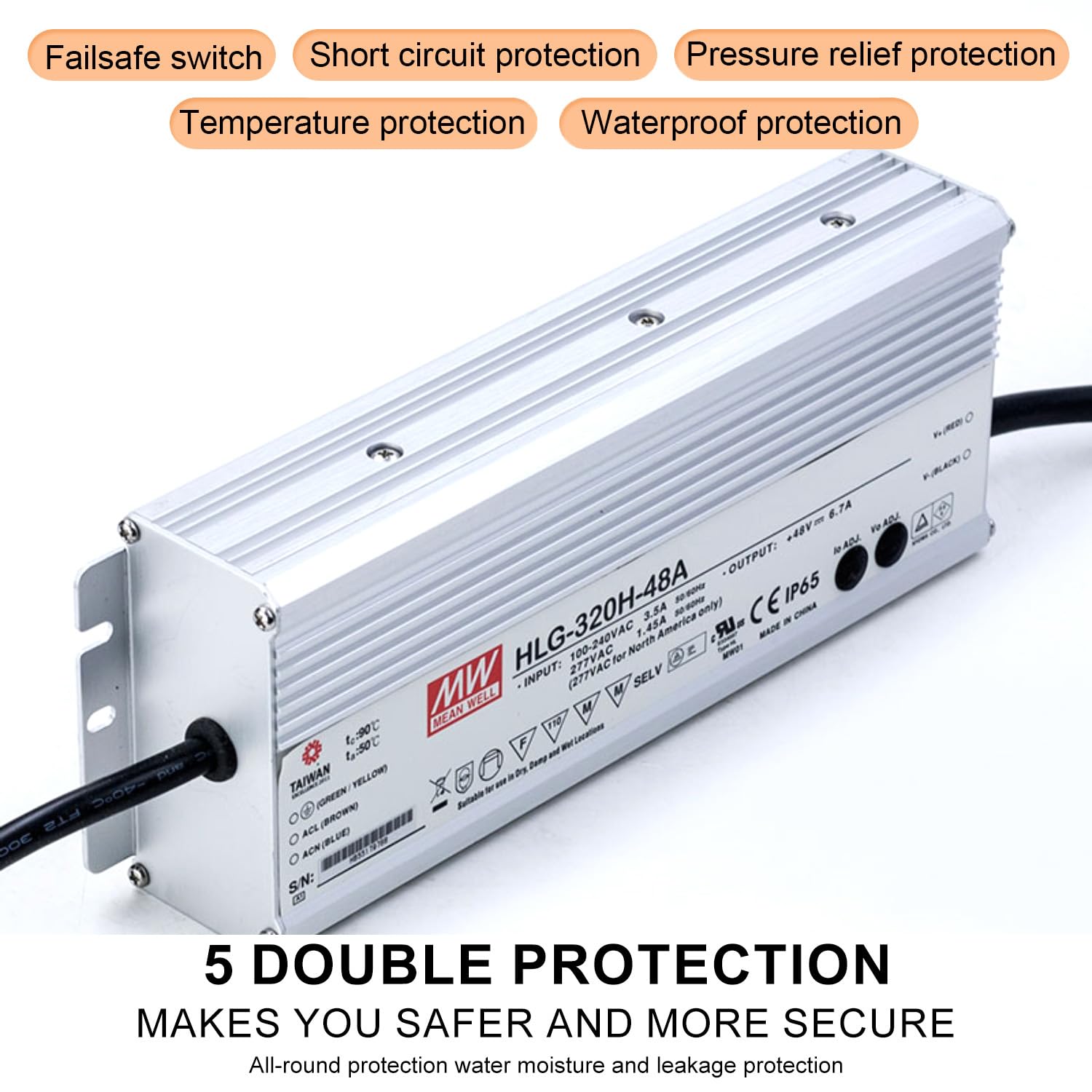 HLG-320H-48A LED Driver - 321.6W, 48V, 6.7A, Adjustable Constant Voltage & Current, High-Efficiency, IP65 Rated, TUV & UL Certified, Ideal for Robust Outdoor Lighting Solutions