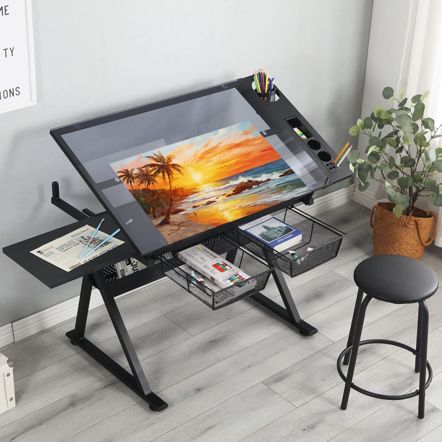 Height Adjustable Drafting Table - Modern Temped Glasses Artist Drawing Table Tilted Tabletop with Chair - Glass-Topped Art Desk Work Station with Stool for Home School Office Black