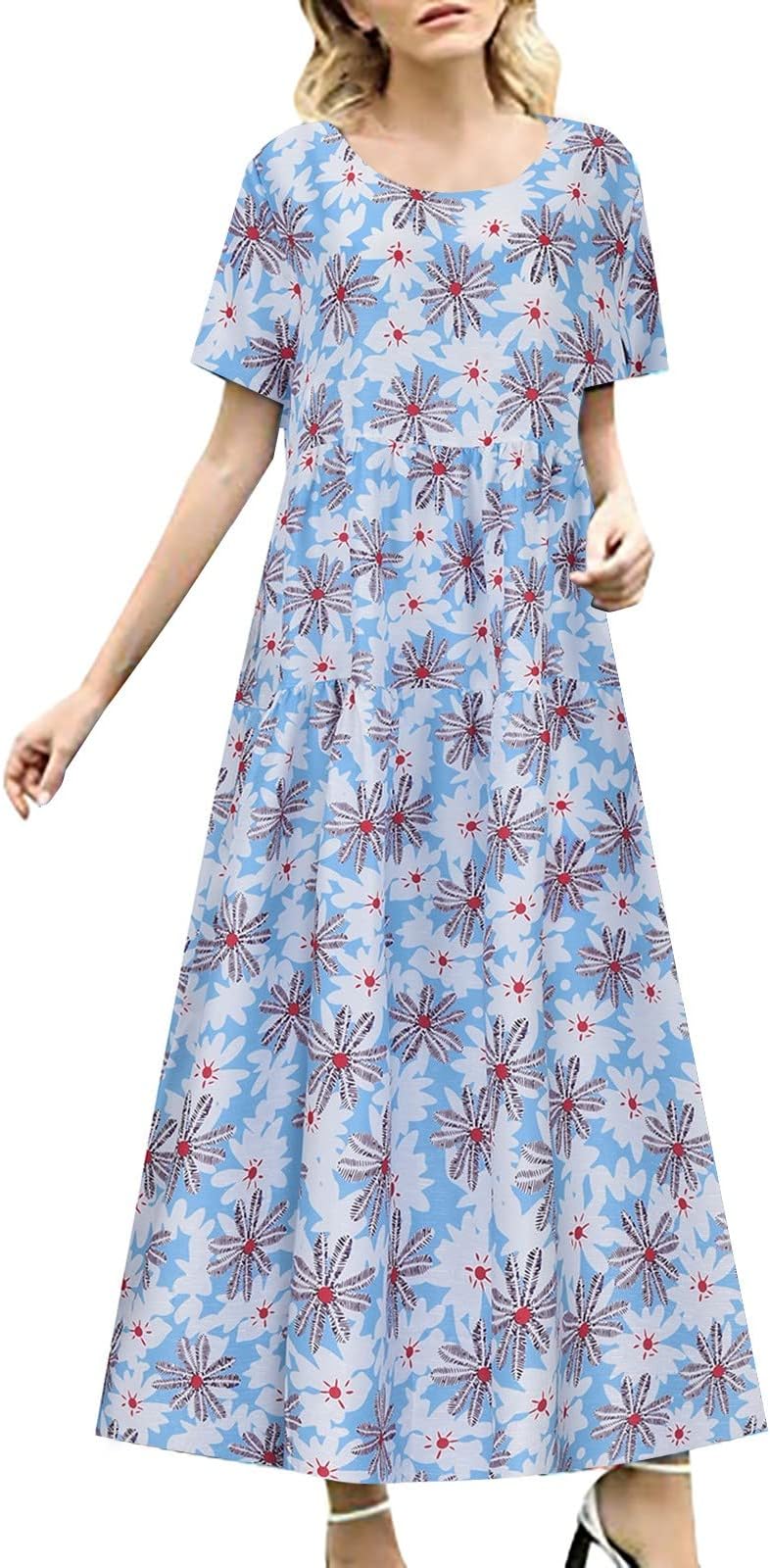 Bohemian Floral Print Casual Dress Round Neck Cotton Simpleflowy Dress Pleated Layered Skater Midi Dresses for Women