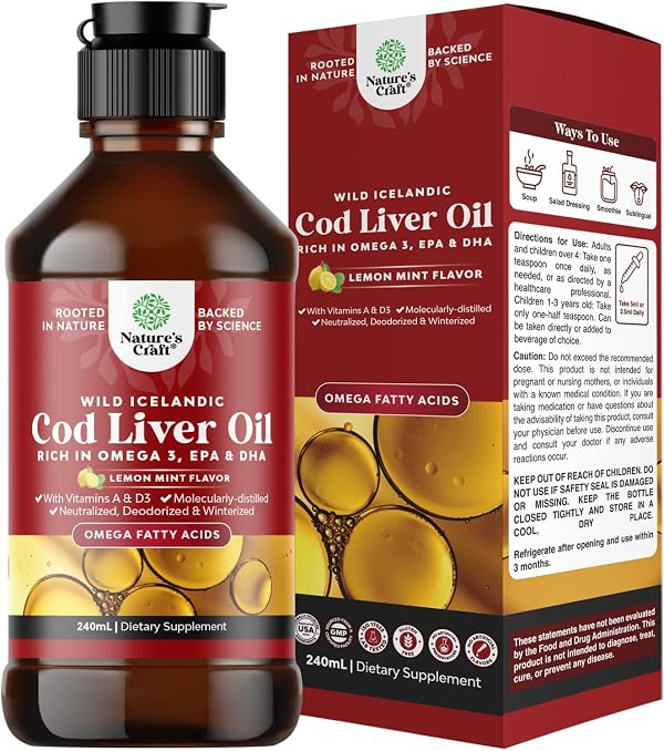 Icelandic Wild Caught Cod Liver Oil Liquid - Fish Oil Drops with Omega 3, EPA, DHA, Vitamin D & A - Liquid Cod Liver Supplement for Heart, Joint, Brain & Immune Support - 8 Fl Oz