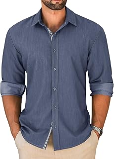 Mens Casual Button Down Shirt Untucked Long Sleeve Denim Textured Shirt Strech Wrinkle-Free Dress Shirt